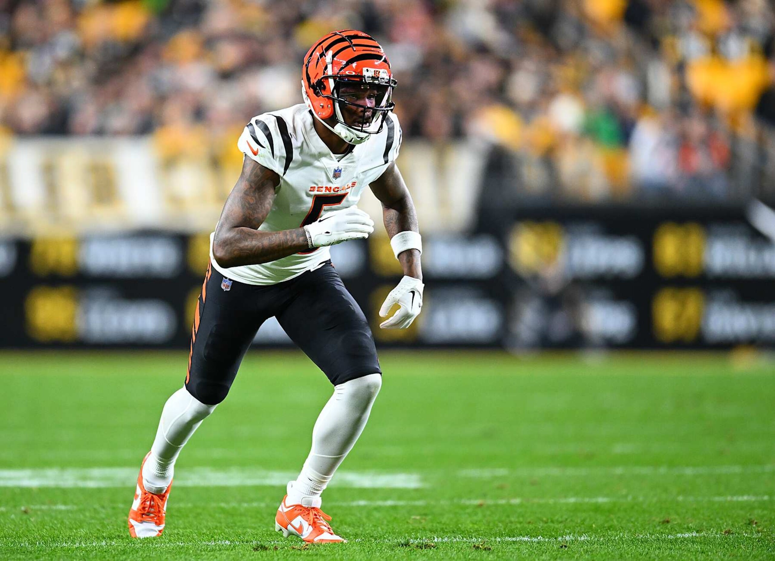 PITTSBURGH, PENNSYLVANIA - DECEMBER 23:  Tee Higgins #5 of the Cincinnati Bengals in action during the game against the  Pittsburgh Steelers at Acrisure Stadium on December 23, 2023 in Pittsburgh, Pennsylvania. (Photo by Joe Sargent/Getty Images)