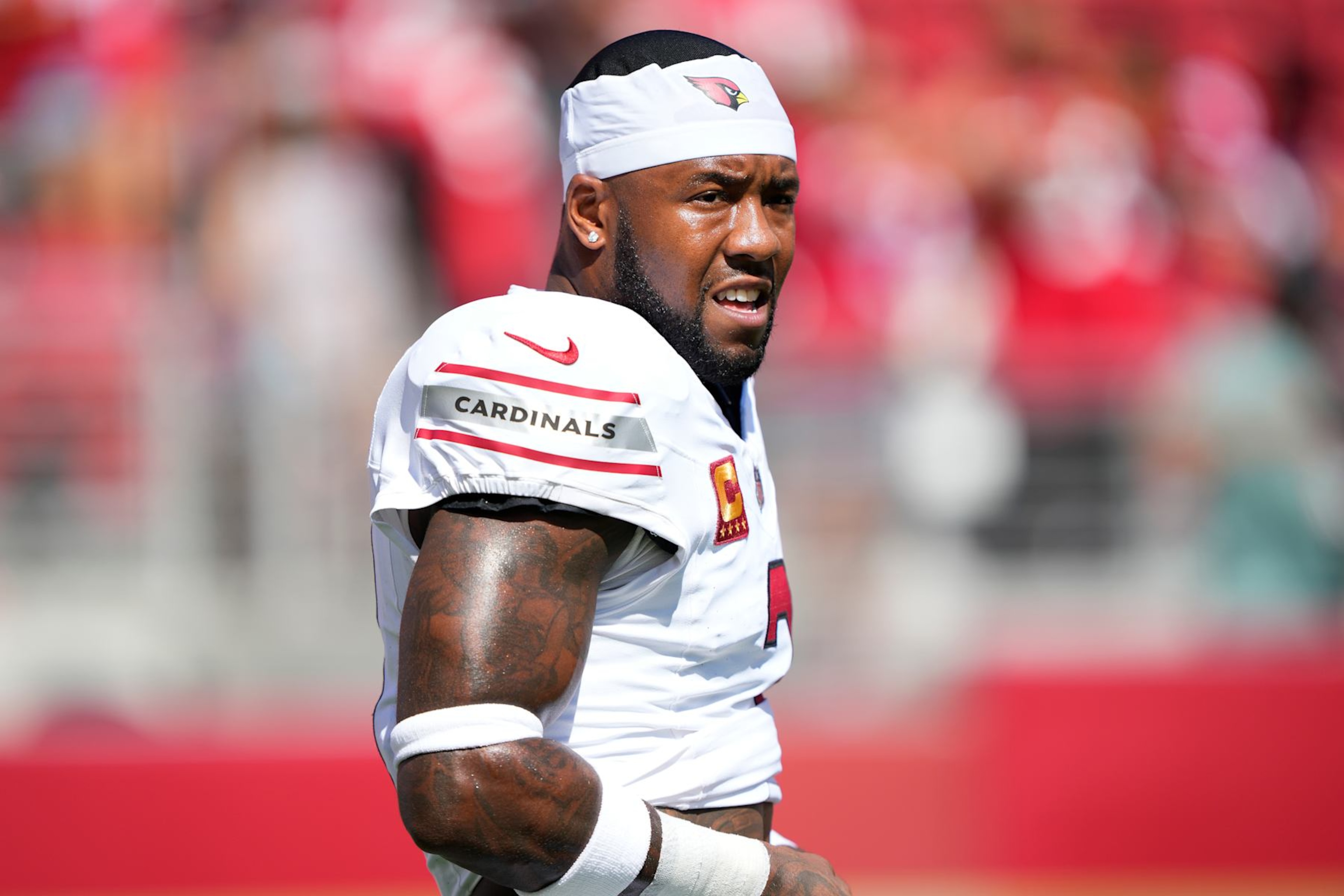 SANTA CLARA, CALIFORNIA - OCTOBER 06: Budda Baker #3 of the Arizona Cardinals warms up prior to a game against the San Francisco 49ers at Levi's Stadium on October 06, 2024 in Santa Clara, California. (Photo by Thearon W. Henderson/Getty Images) SANTA CLARA, CALIFORNIA - OCTOBER 06: Budda Baker #3 of the Arizona Cardinals warms up prior to a game against the San Francisco 49ers at Levi's Stadium on October 06, 2024 in Santa Clara, California. (Photo by Thearon W. Henderson/Getty Images)