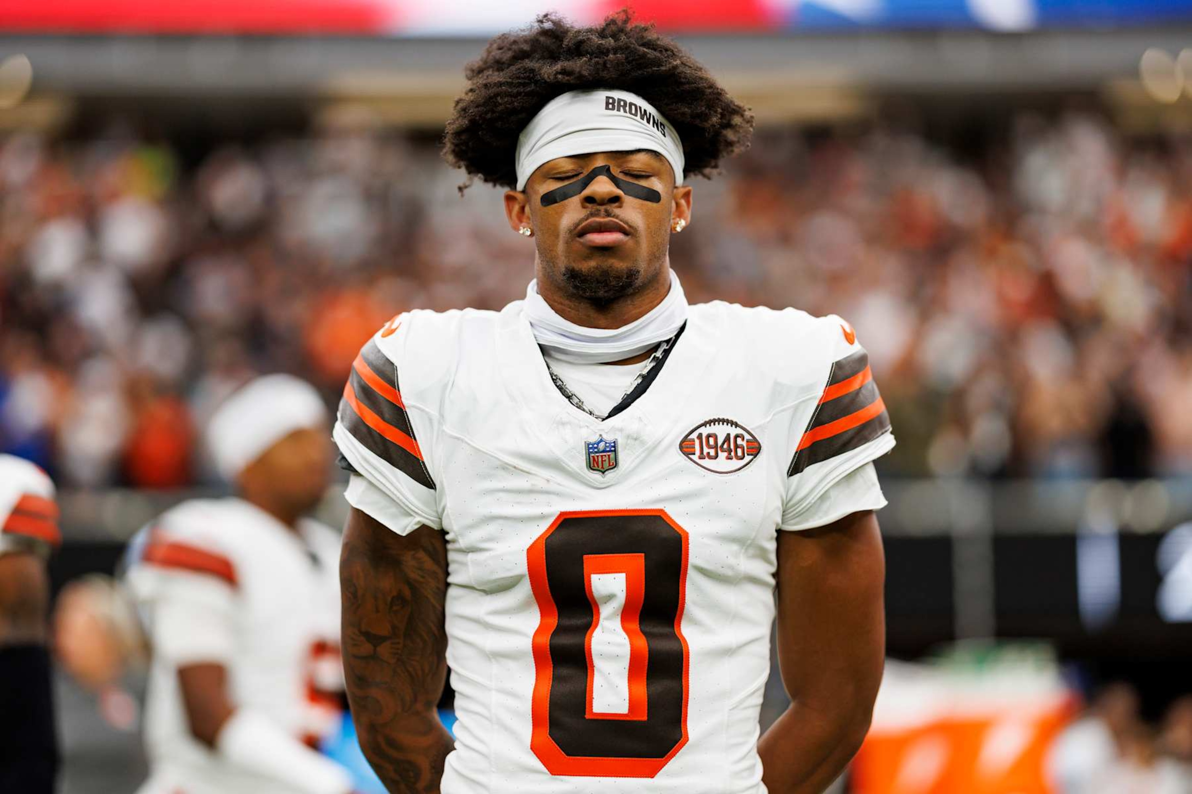 LAS VEGAS, NV - SEPTEMBER 29: Cornerback Greg Newsome II #0 of the Cleveland Browns stands on the sidelines during the national anthem prior to an NFL football game against the Las Vegas Raiders, at Allegiant Stadium on September 29, 2024 in Las Vegas, Nevada. (Photo by Brooke Sutton/Getty Images) LAS VEGAS, NV - SEPTEMBER 29: Cornerback Greg Newsome II #0 of the Cleveland Browns stands on the sidelines during the national anthem prior to an NFL football game against the Las Vegas Raiders, at Allegiant Stadium on September 29, 2024 in Las Vegas, Nevada. (Photo by Brooke Sutton/Getty Images)
