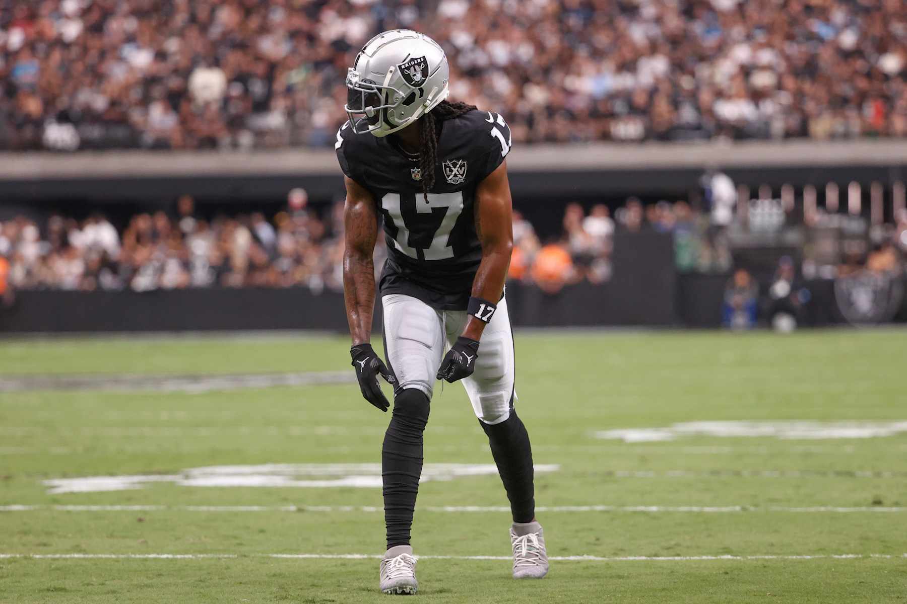 LAS VEGAS, NEVADA - SEPTEMBER 22: Davante Adams #17 of the Las Vegas Raiders looks on during the second quarter of a game against the Carolina Panthersat Allegiant Stadium on September 22, 2024 in Las Vegas, Nevada. (Photo by Ian Maule/Getty Images)