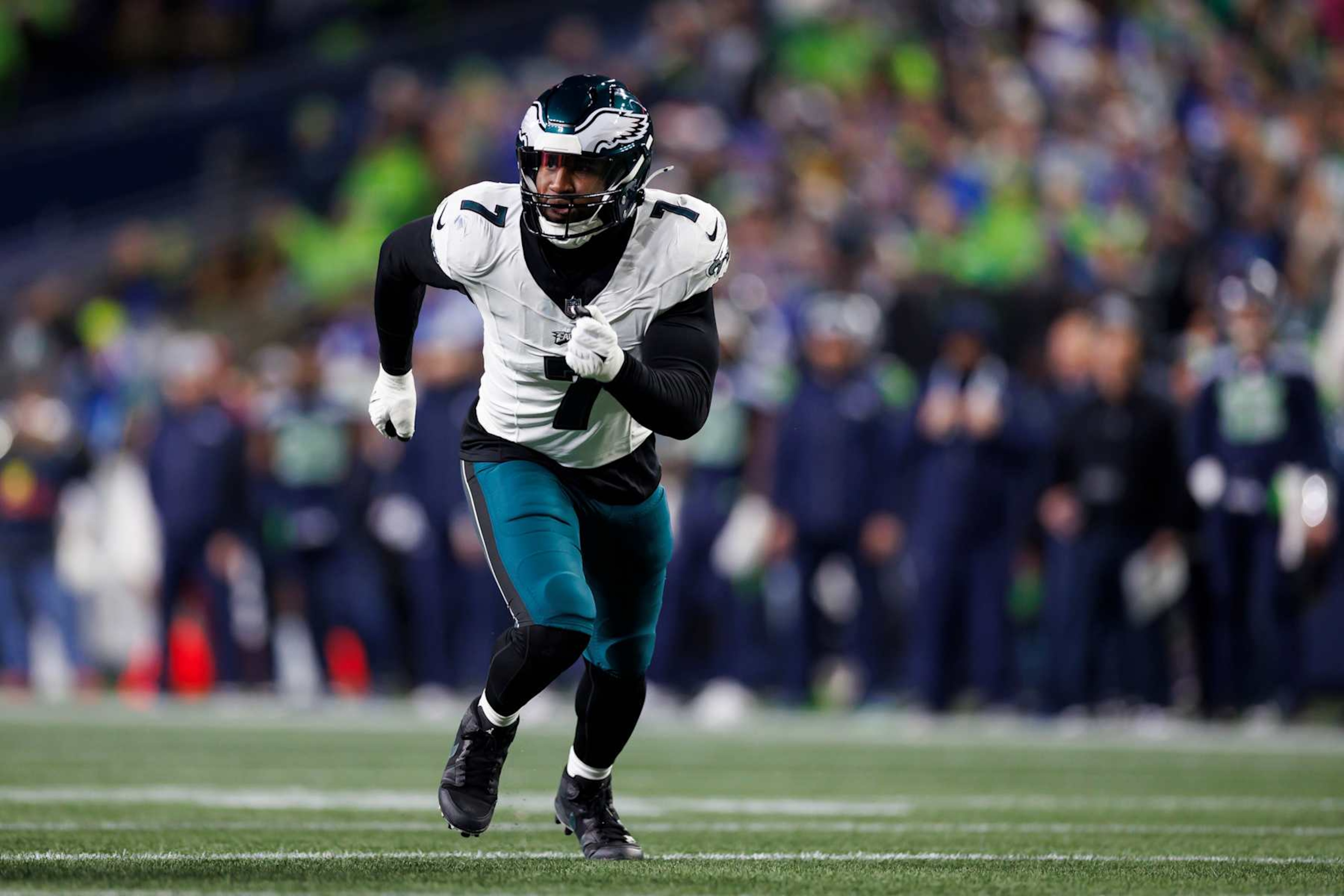 SEATTLE, WASHINGTON - DECEMBER 18: Haason Reddick #7 of the Philadelphia Eagles runs around the edge against the Seattle Seahawks at Lumen Field on December 18, 2023 in Seattle, Washington. (Photo by Ryan Kang/Getty Images) SEATTLE, WASHINGTON - DECEMBER 18: Haason Reddick #7 of the Philadelphia Eagles runs around the edge against the Seattle Seahawks at Lumen Field on December 18, 2023 in Seattle, Washington. (Photo by Ryan Kang/Getty Images)