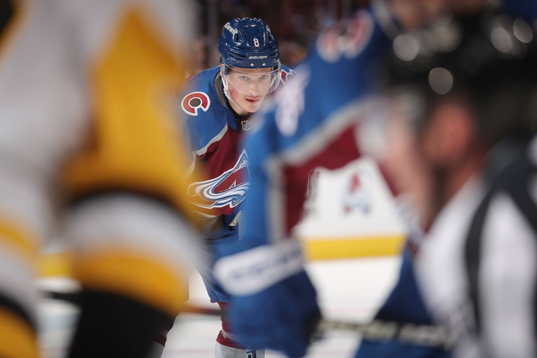 DENVER, COLORADO - MARCH 24: Cale Makar #8 of the Colorado Avalanche awaits a faceoff against the Pittsburgh Penguins at Ball Arena on March 24, 2024 in Denver, Colorado. (Photo by Michael Martin/NHLI via Getty Images)