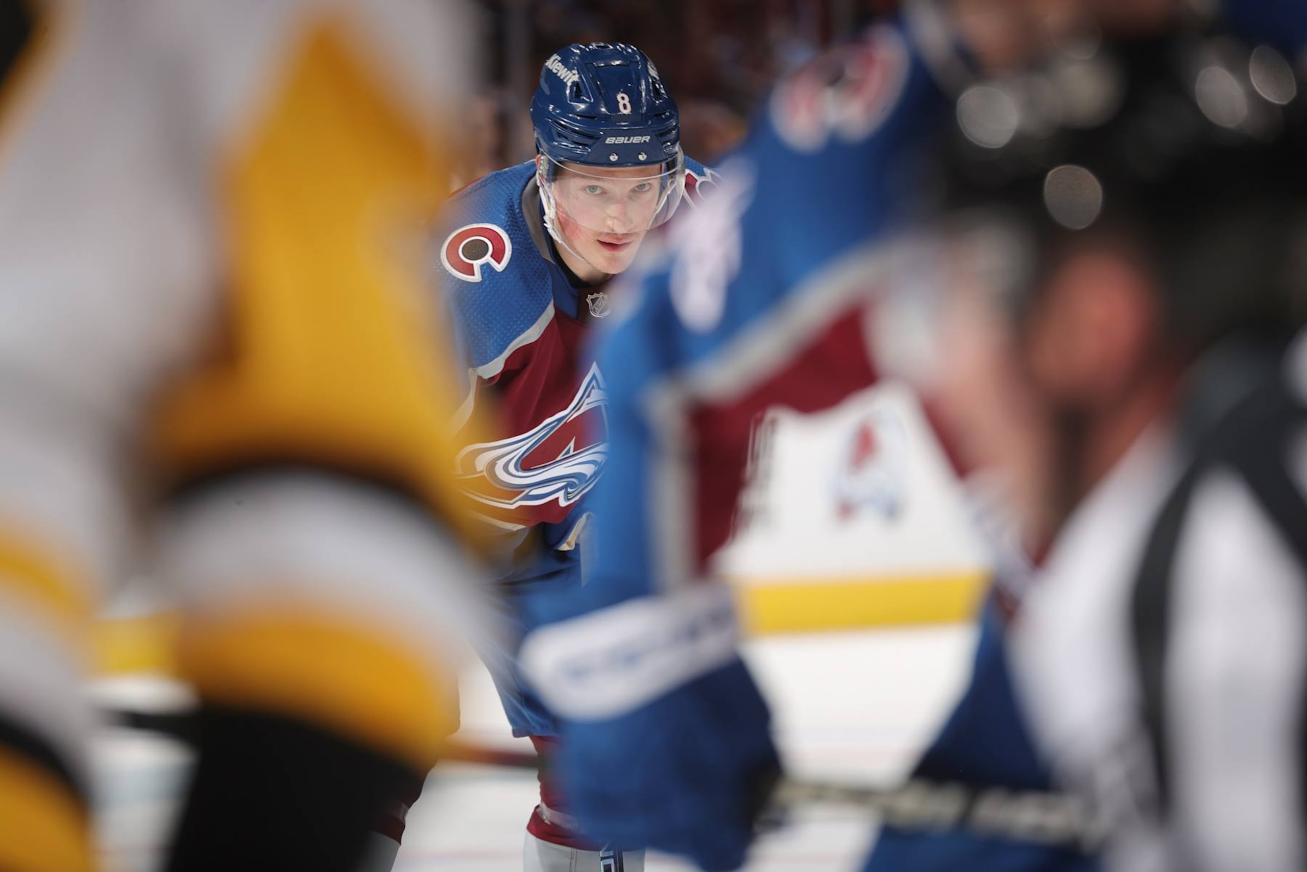 DENVER, COLORADO - MARCH 24: Cale Makar #8 of the Colorado Avalanche awaits a faceoff against the Pittsburgh Penguins at Ball Arena on March 24, 2024 in Denver, Colorado. (Photo by Michael Martin/NHLI via Getty Images) DENVER, COLORADO - MARCH 24: Cale Makar #8 of the Colorado Avalanche awaits a faceoff against the Pittsburgh Penguins at Ball Arena on March 24, 2024 in Denver, Colorado. (Photo by Michael Martin/NHLI via Getty Images)