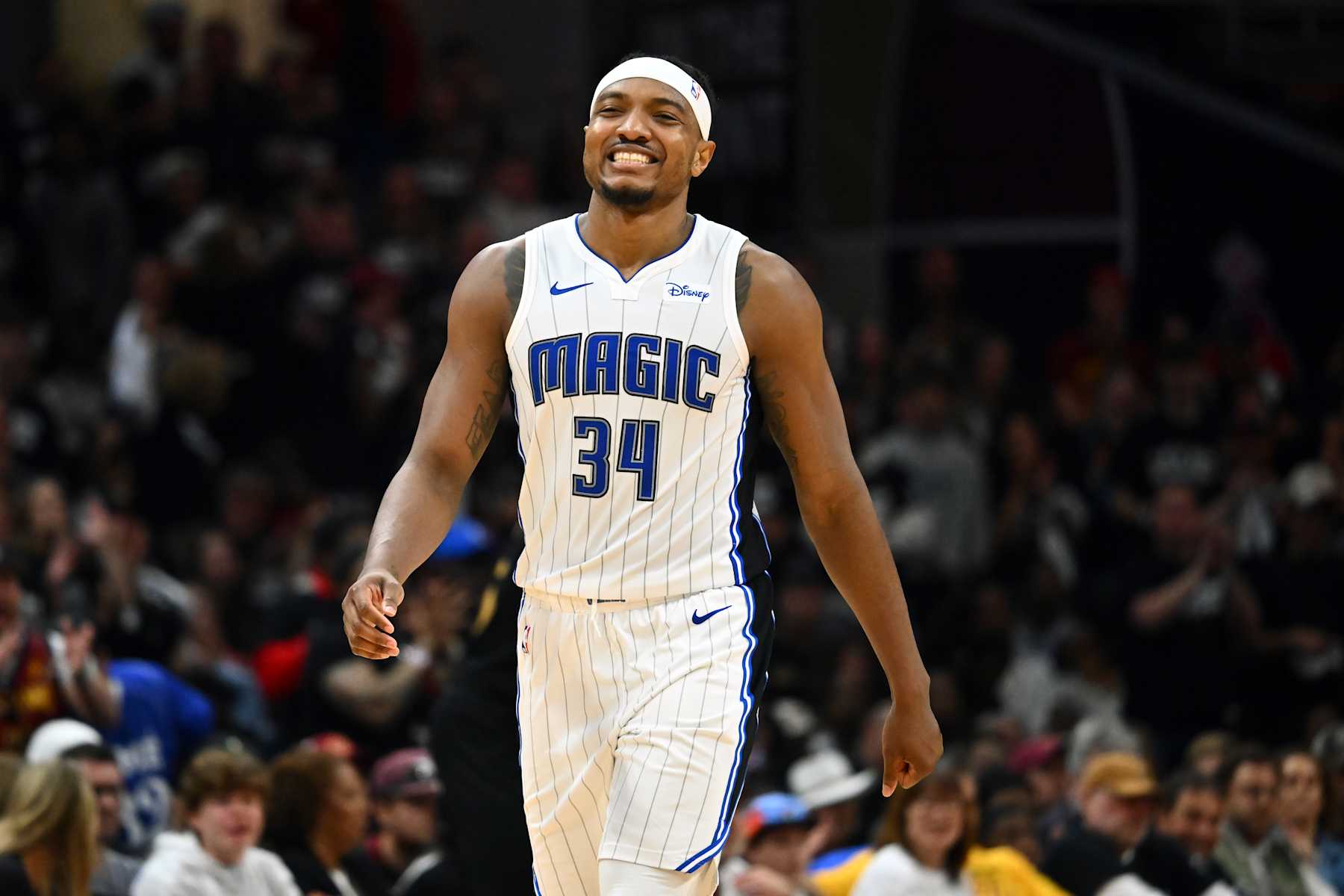 CLEVELAND, OHIO - MAY 05: Wendell Carter Jr. #34 of the Orlando Magic reacts during the fourth quarter of Game Seven of the Eastern Conference First Round Playoffs against the Cleveland Cavaliers at Rocket Mortgage Fieldhouse on May 05, 2024 in Cleveland, Ohio. The Cavaliers defeated the Magic 106-94. NOTE TO USER: User expressly acknowledges and agrees that, by downloading and/or using this Photograph, user is consenting to the terms and conditions of the Getty Images License Agreement. (Photo by Jason Miller/Getty Images)