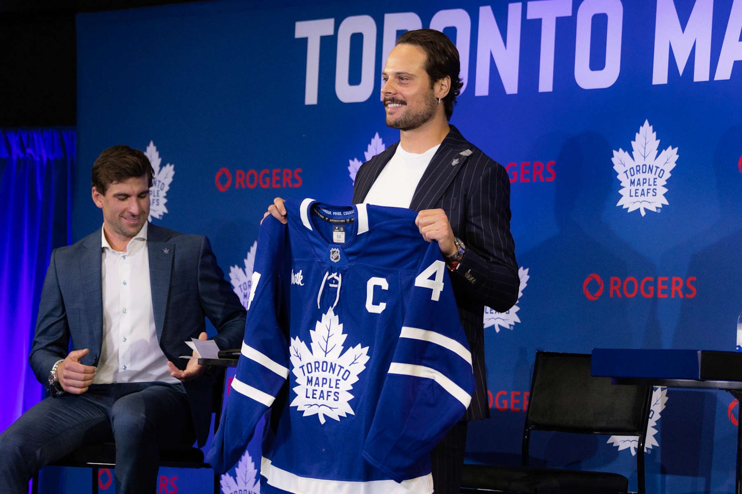 TORONTO, ON - August 14  -  Toronto Maple Leafs Auston Matthews poses with his updated captain jersey during a media event in Toronto, August 14, 2024. The 26-year-old superstar has taken over the job from John Tavares, who had been captain since October 2019. Andrew Francis Wallace/Toronto Star        (Andrew Francis Wallace/Toronto Star via Getty Images)