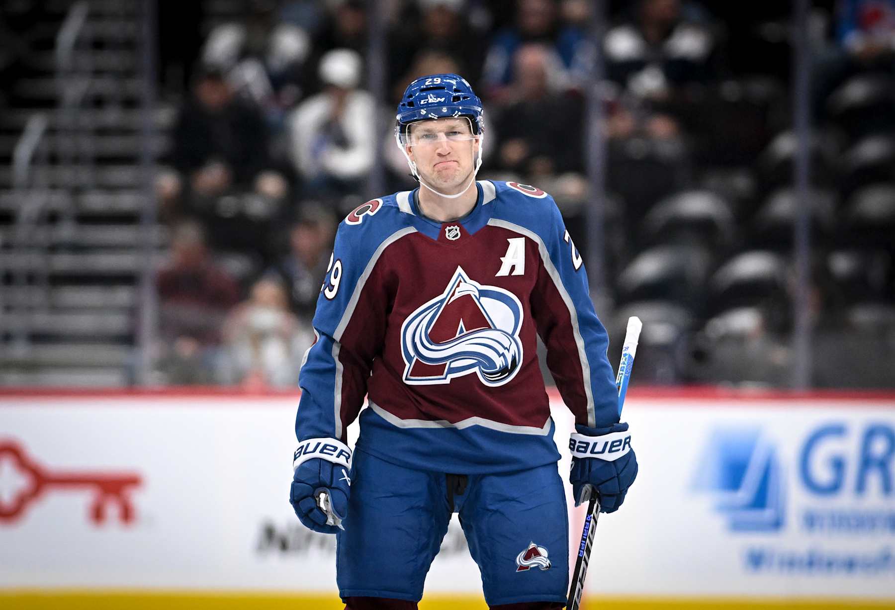 DENVER, CO - OCTOBER 1: Nathan MacKinnon (29) of the Colorado Avalanche takes the ice to face the Vegas Golden Knights during the first period at Ball Arena in Denver on Tuesday, October 1, 2024. (Photo by AAron Ontiveroz/The Denver Post)