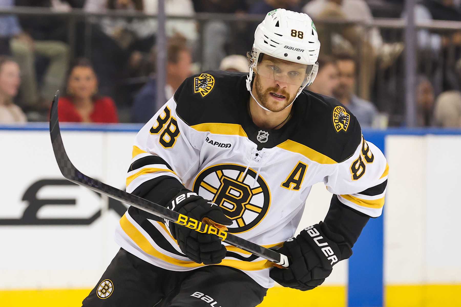 NEW YORK, NEW YORK - SEPTEMBER 26: David Pastrnak #88 of the Boston Bruins skates during the second period of a preseason game against the New York Rangers at Madison Square Garden on September 26, 2024 in New York City. (Photo by Andrew Mordzynski/Getty Images)