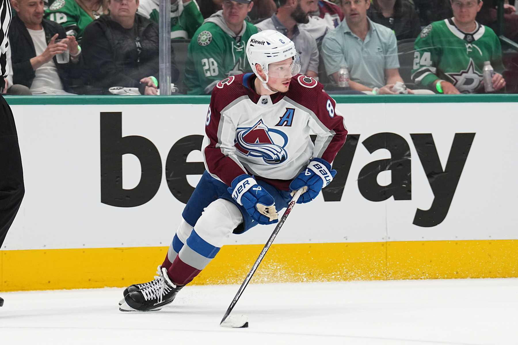 DALLAS, TX - MAY 15: Cale Makar #8 of the Colorado Avalanche handles the puck against the Dallas Stars at the American Airlines Center on May 15, 2024 in Dallas, Texas. (Photo by Glenn James/NHLI via Getty Images)