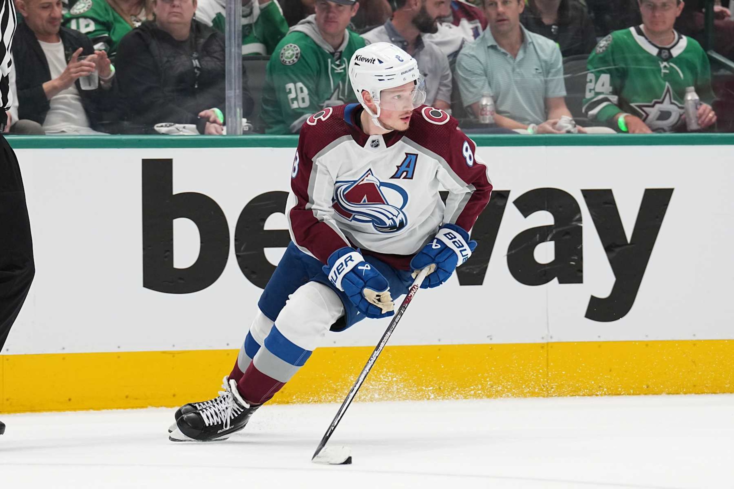 DALLAS, TX - MAY 15: Cale Makar #8 of the Colorado Avalanche handles the puck against the Dallas Stars at the American Airlines Center on May 15, 2024 in Dallas, Texas. (Photo by Glenn James/NHLI via Getty Images)
