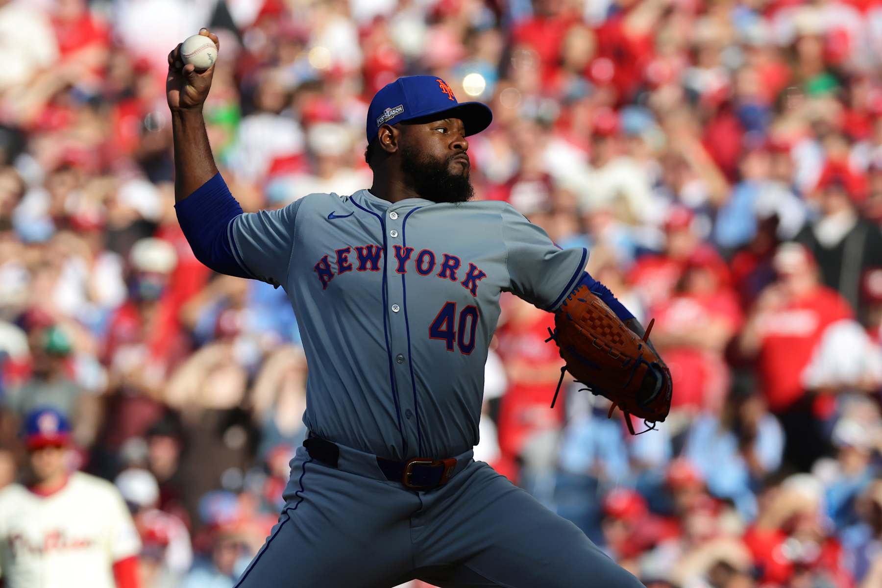 PHILADELPHIA, PENNSYLVANIA - OCTOBER 06: Luis Severino #40 of the New York Mets throws during the first inning against the Philadelphia Phillies in Game Two of the Division Series at Citizens Bank Park on October 06, 2024 in Philadelphia, Pennsylvania. (Photo by Hunter Martin/Getty Images)