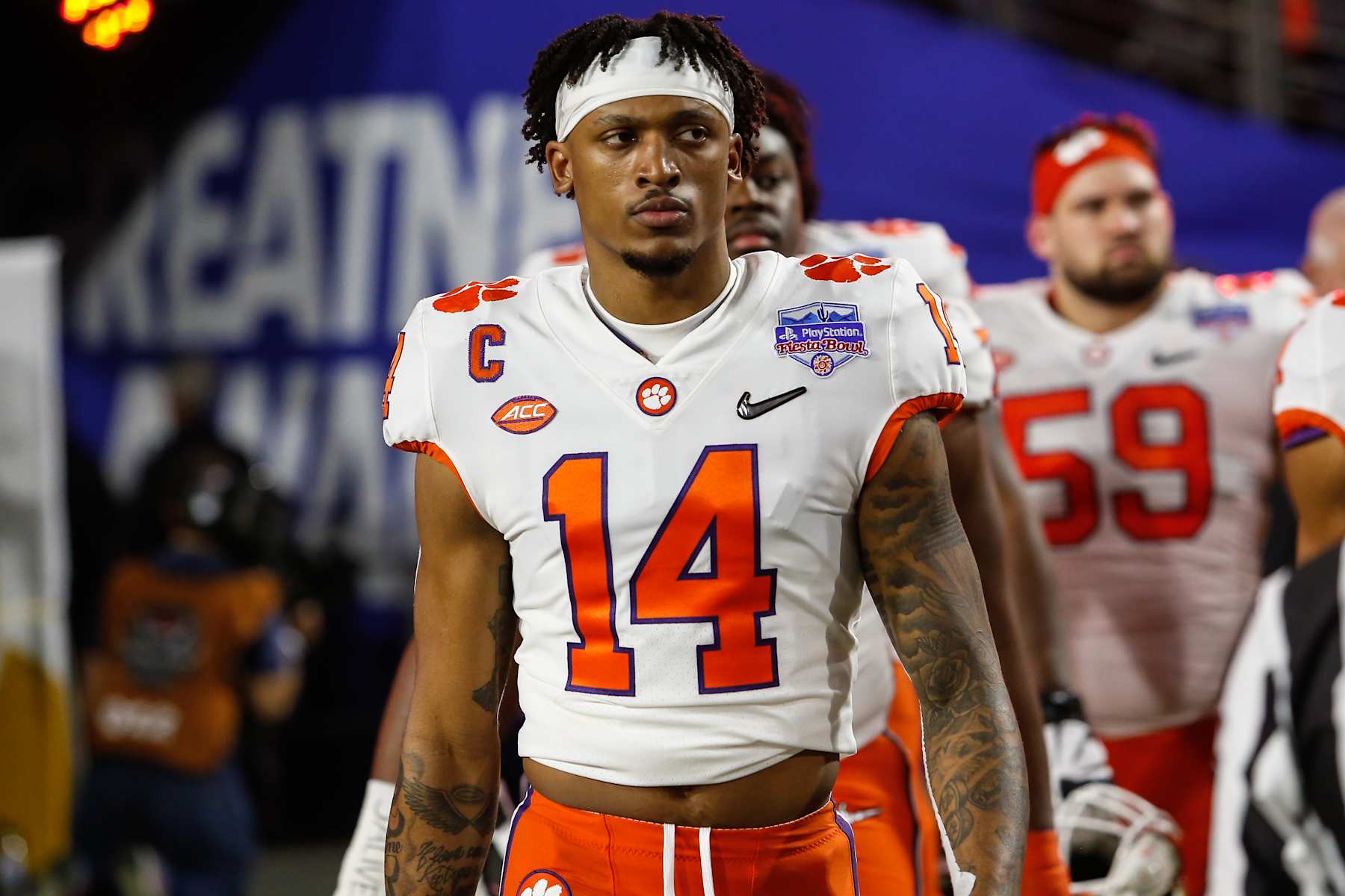 GLENDALE, AZ - DECEMBER 28:  Clemson Tigers wide receiver Diondre Overton (14) walks onto the field before the Fiesta Bowl college football playoff semi final game between the Clemson Tigers and the Ohio State Buckeyes on December 28, 2019 at State Farm Stadium in Glendale, Arizona. (Photo by Kevin Abele/Icon Sportswire via Getty Images)