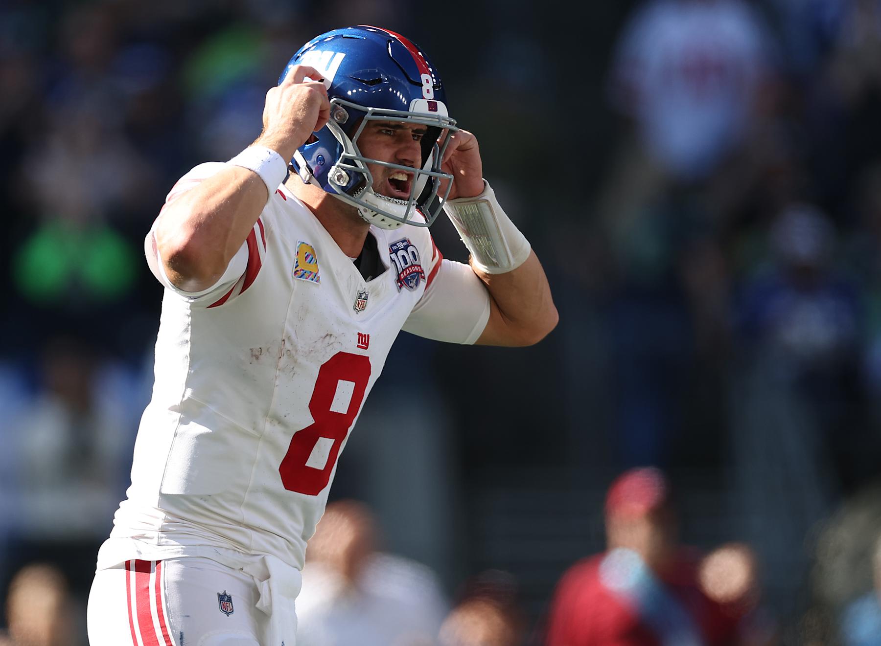 SEATTLE, WASHINGTON - OCTOBER 06: Daniel Jones #8 of the New York Giants calls out orders during the first quarter against the Seattle Seahawks at Lumen Field on October 06, 2024 in Seattle, Washington. (Photo by Steph Chambers/Getty Images)