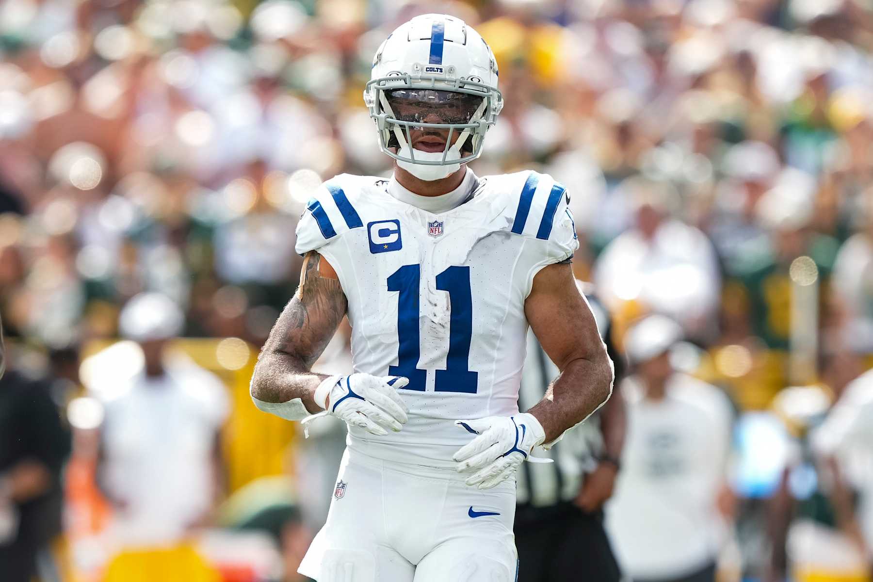GREEN BAY, WI - SEPTEMBER 15: Wide receiver Michael Pittman Jr. #11 of the Indianapolis Colts gets set during the fourth quarter of an NFL football game against the Green Bay Packers, at Lambeau Field on September 15, 2024 in Green Bay, Wisconsin. (Photo by Todd Rosenberg/Getty Images)
