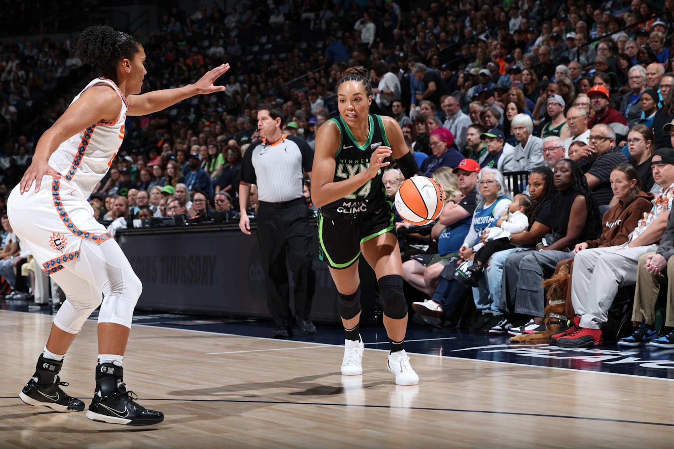 MINNEAPOLIS, MN - OCTOBER 7: Napheesa Collier #24 of the Minnesota Lynx drives to the basket during the game against the Connecticut Sun during Round Two Game Five of the 2024 WNBA Playoffs on October 7, 2024 at Target Center in Minneapolis, Minnesota. NOTE TO USER: User expressly acknowledges and agrees that, by downloading and or using this Photograph, user is consenting to the terms and conditions of the Getty Images License Agreement. Mandatory Copyright Notice: Copyright 2024 NBAE (Photo by David Sherman/NBAE via Getty Images) MINNEAPOLIS, MN - OCTOBER 7: Napheesa Collier #24 of the Minnesota Lynx drives to the basket during the game against the Connecticut Sun during Round Two Game Five of the 2024 WNBA Playoffs on October 7, 2024 at Target Center in Minneapolis, Minnesota. NOTE TO USER: User expressly acknowledges and agrees that, by downloading and or using this Photograph, user is consenting to the terms and conditions of the Getty Images License Agreement. Mandatory Copyright Notice: Copyright 2024 NBAE (Photo by David Sherman/NBAE via Getty Images)