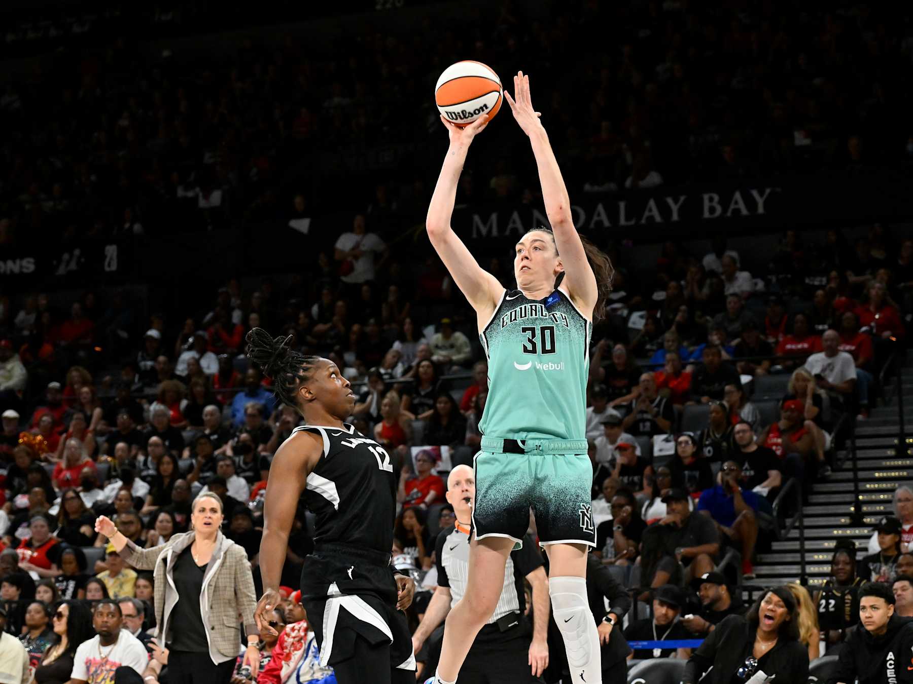 LAS VEGAS, NV - OCTOBER 6: Breanna Stewart #30 of the New York Liberty shoots the ball during the game against the Las Vegas Aces during Round 2 Game 4 of the 2024 WNBA Playoffs on October 6, 2024 at Michelob ULTRA Arena in Las Vegas, Nevada. NOTE TO USER: User expressly acknowledges and agrees that, by downloading and or using this photograph, User is consenting to the terms and conditions of the Getty Images License Agreement. Mandatory Copyright Notice: Copyright 2024 NBAE (Photo by David Becker/NBAE via Getty Images)