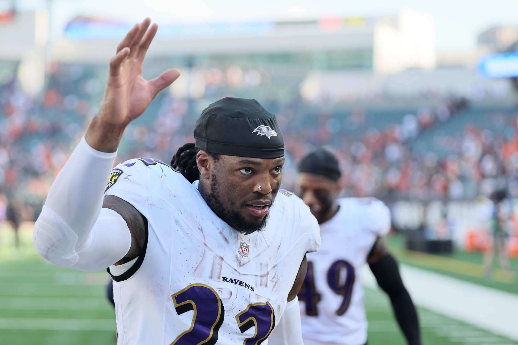 CINCINNATI, OHIO - OCTOBER 06: Derrick Henry #22 of the Baltimore Ravens reacts after defeating the Cincinnati Bengals in overtime at Paycor Stadium on October 06, 2024 in Cincinnati, Ohio. (Photo by Andy Lyons/Getty Images)
