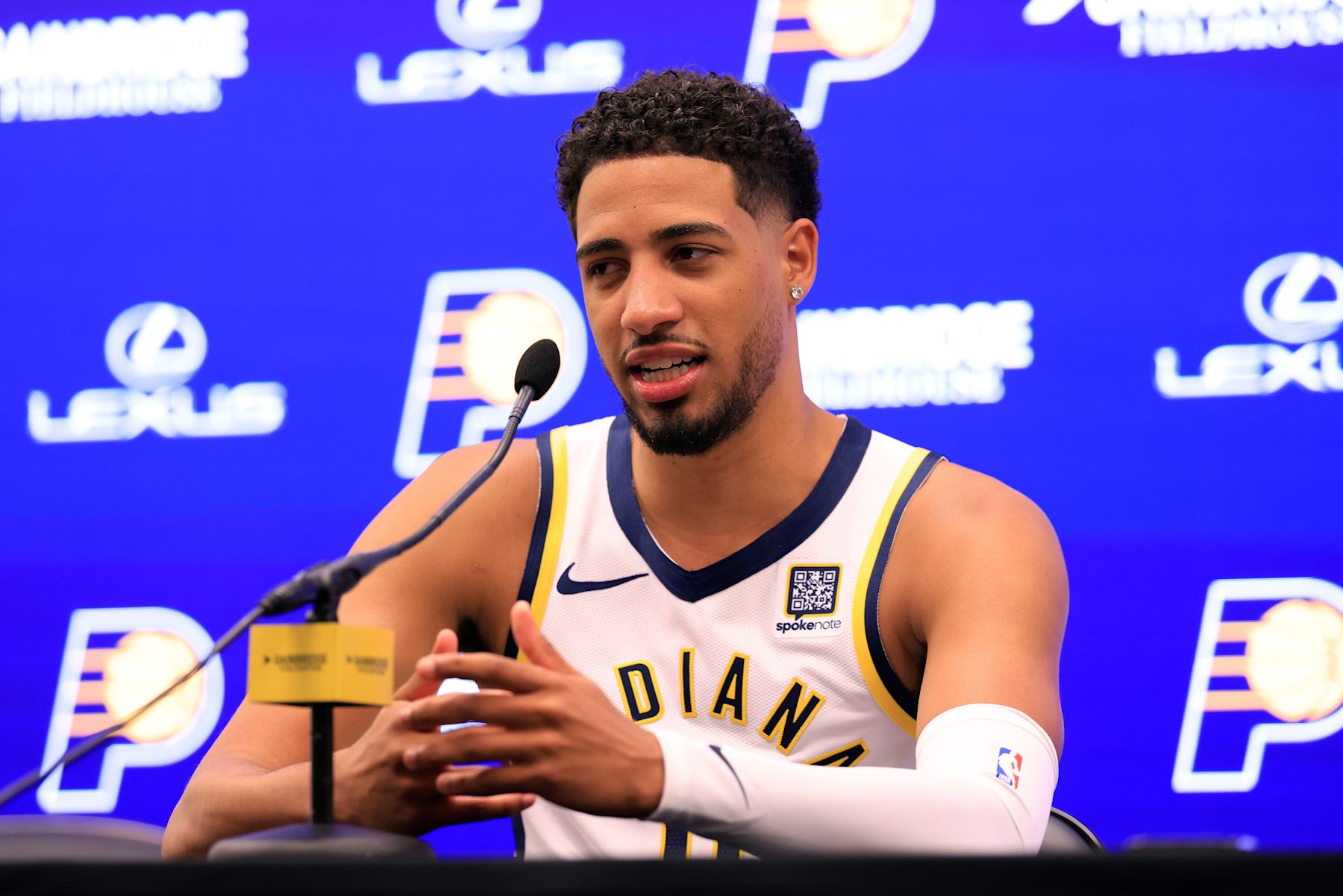 INDIANAPOLIS, INDIANA - SEPTEMBER 30: Tyrese Haliburton #0 of the Indiana Pacers speaks to the media during the Indiana Pacers Media Day at Gainbridge Fieldhouse on September 30, 2024 in Indianapolis, Indiana. NOTE TO USER: User expressly acknowledges and agrees that, by downloading and or using this photograph, User is consenting to the terms and conditions of the Getty Images License Agreement.  (Photo by Justin Casterline/Getty Images)