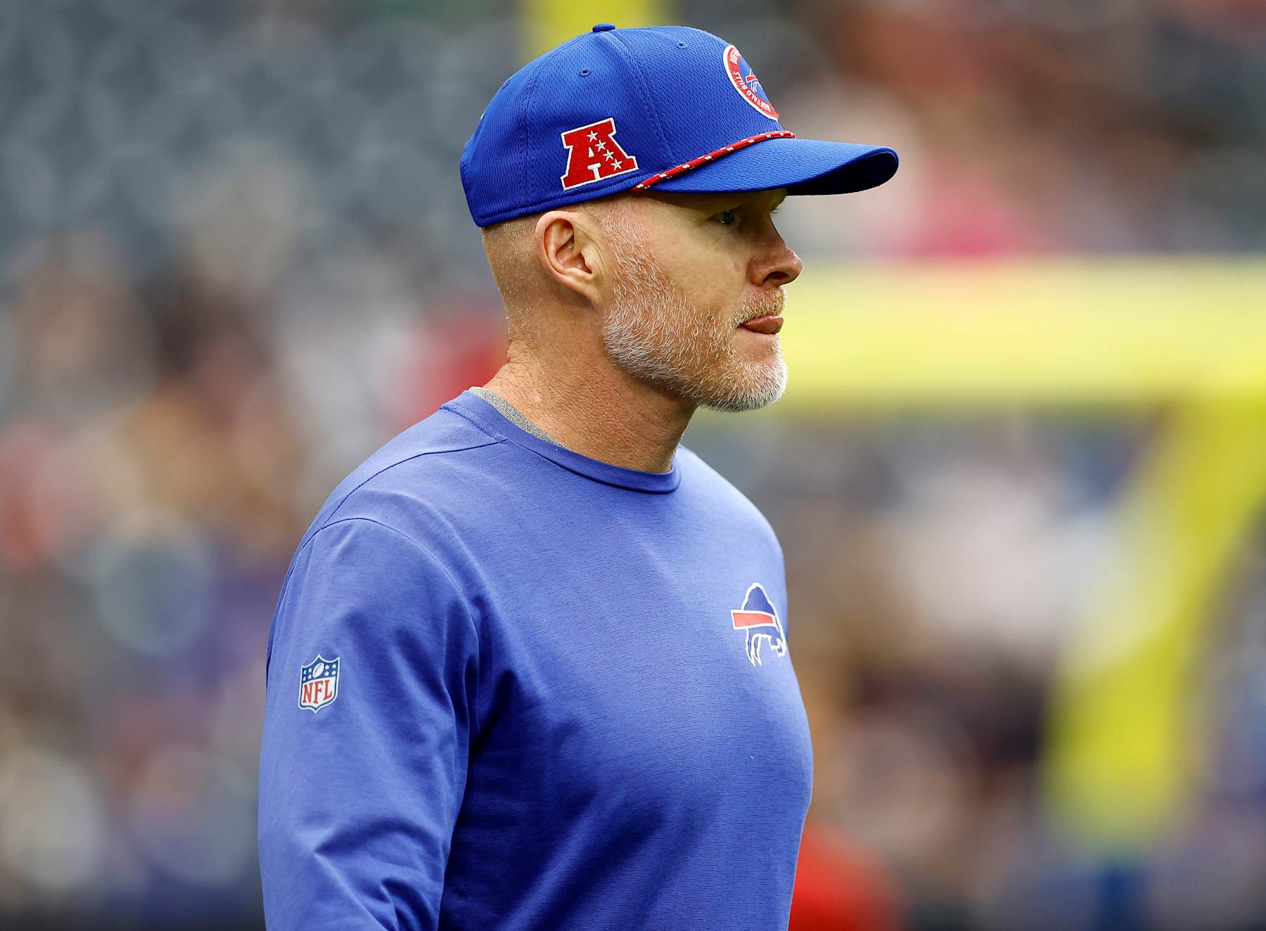 HOUSTON, TEXAS - OCTOBER 06: Head coach Sean McDermott looks on prior to a game against the Houston Texans at NRG Stadium on October 06, 2024 in Houston, Texas. (Photo by Tim Warner/Getty Images)