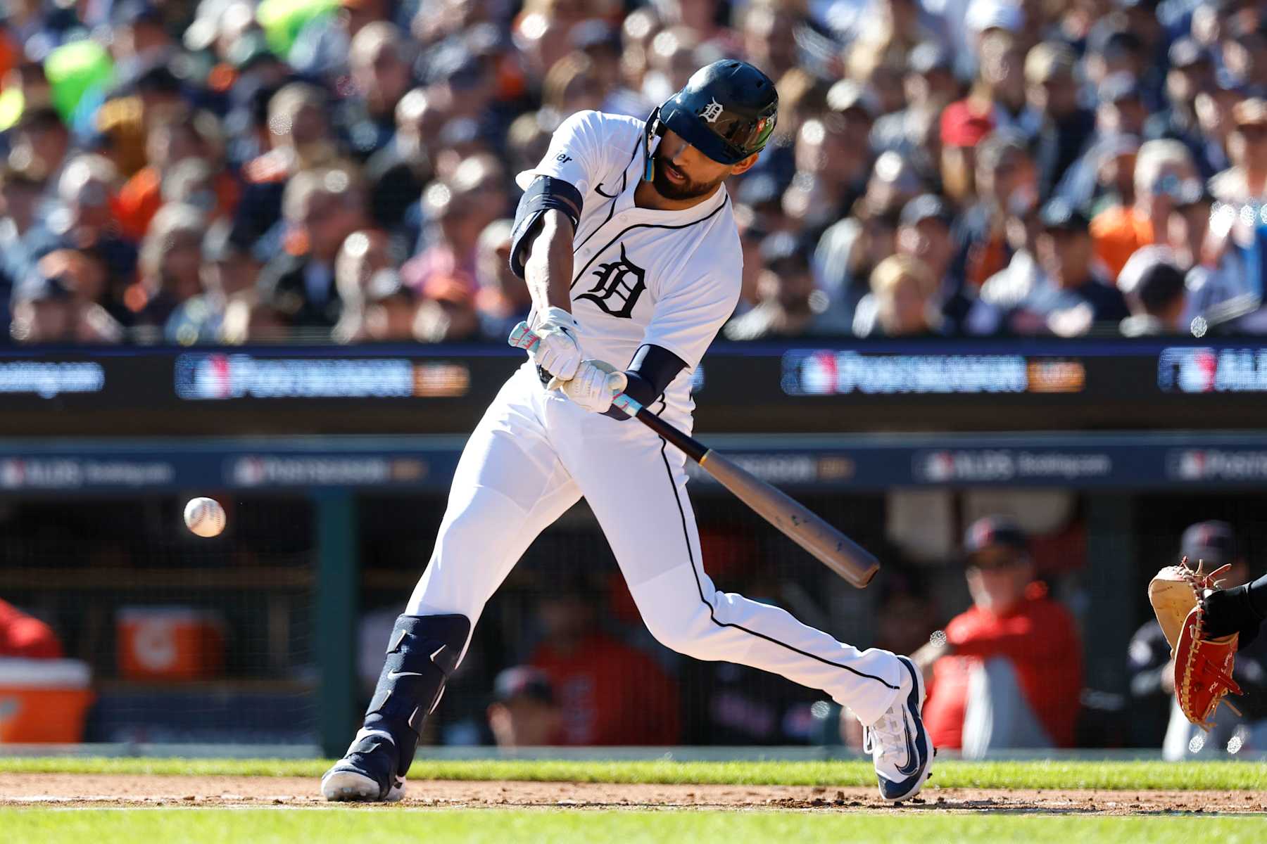 DETROIT, MICHIGAN - OCTOBER 09: Riley Greene #31 of the Detroit Tigers hits an RBI single in the first inning against the Cleveland Guardians during Game Three of the Division Series at Comerica Park on October 09, 2024 in Detroit, Michigan. (Photo by Duane Burleson/Getty Images)