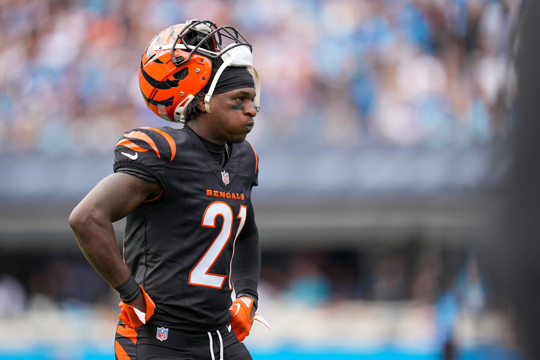 CHARLOTTE, NORTH CAROLINA - SEPTEMBER 29: Mike Hilton #21 of the Cincinnati Bengals looks on during the game Carolina Panthers at Bank of America Stadium on September 29, 2024 in Charlotte, North Carolina. (Photo by Grant Halverson/Getty Images)