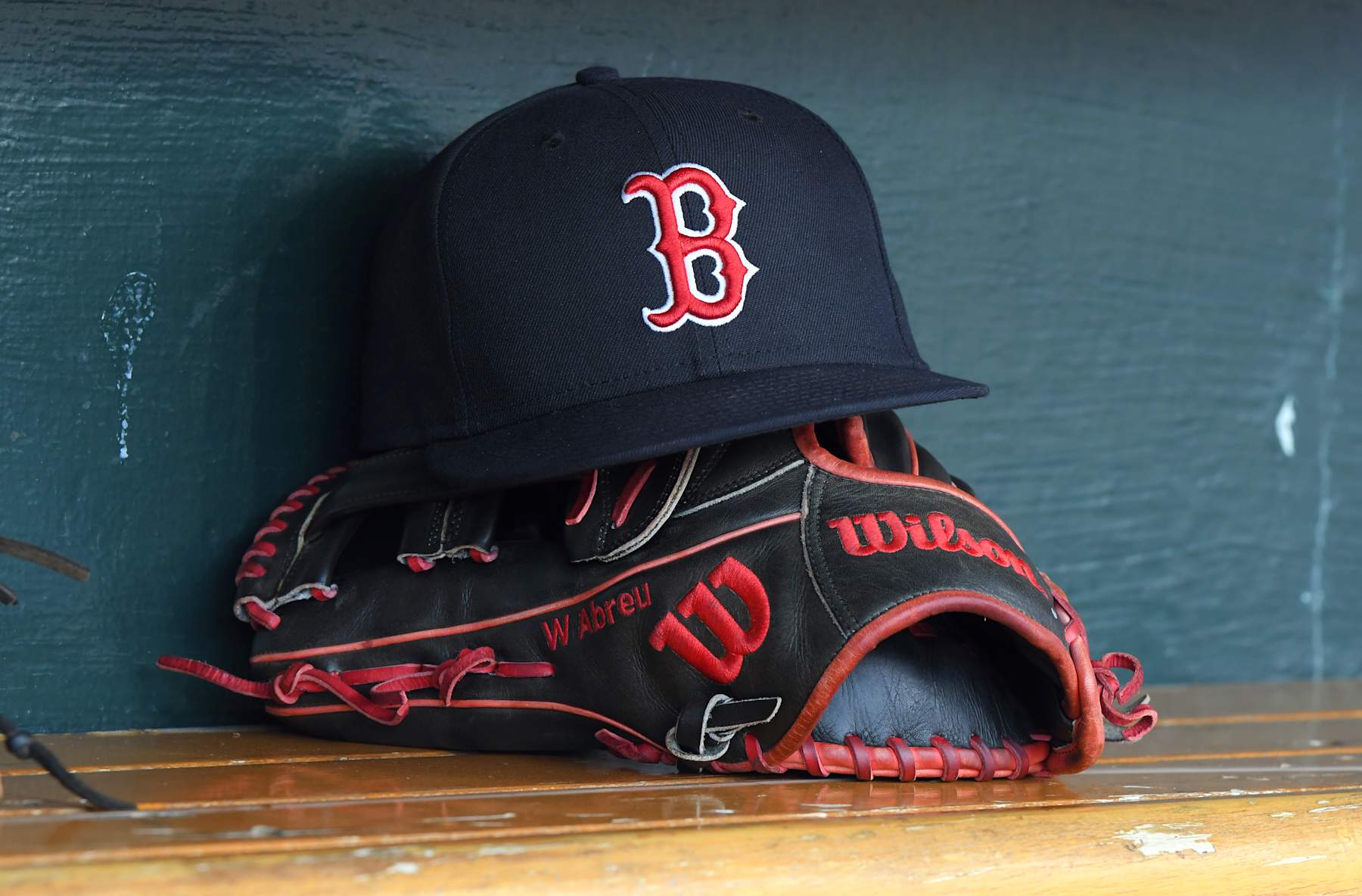 DETROIT, MI - AUGUST 30:  A detailed view of the Wilson baseball glove and New Era hat used by Wilyer Abreu #52 of the Boston Red Sox during the game against the Detroit Tigers at Comerica Park on August 30, 2024 in Detroit, Michigan. The Red Sox defeated the Tigers 7-5 in 10 innings.  (Photo by Mark Cunningham/MLB Photos via Getty Images)
