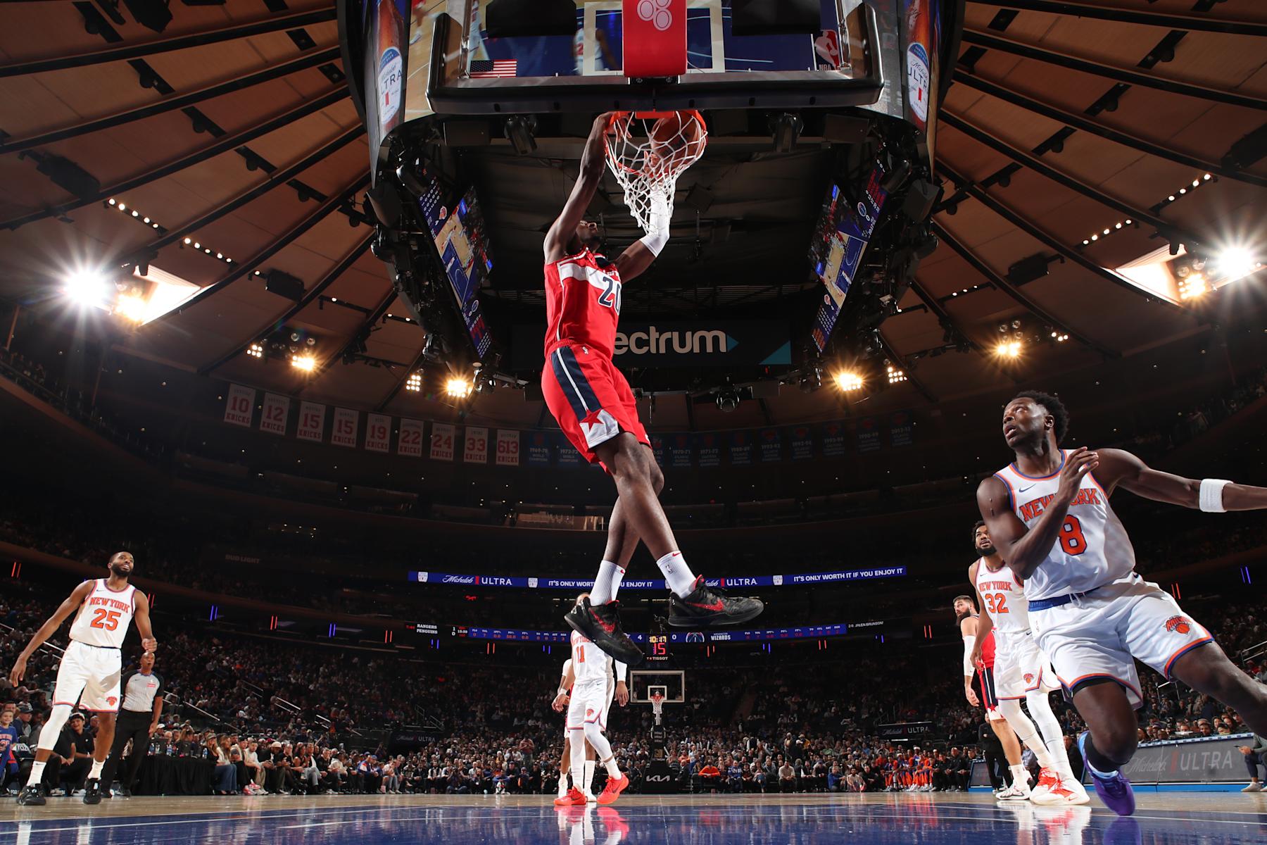 NEW YORK, NY - OCTOBER 9: Alexandre Sarr #20 of the Washington Wizards dunks the ball during the game against the New York Knicks during the 2024 NBA Preseason on October 9, 2024 at Madison Square Garden in New York City, New York.  NOTE TO USER: User expressly acknowledges and agrees that, by downloading and or using this photograph, User is consenting to the terms and conditions of the Getty Images License Agreement. Mandatory Copyright Notice: Copyright 2024 NBAE  (Photo by Nathaniel S. Butler/NBAE via Getty Images)