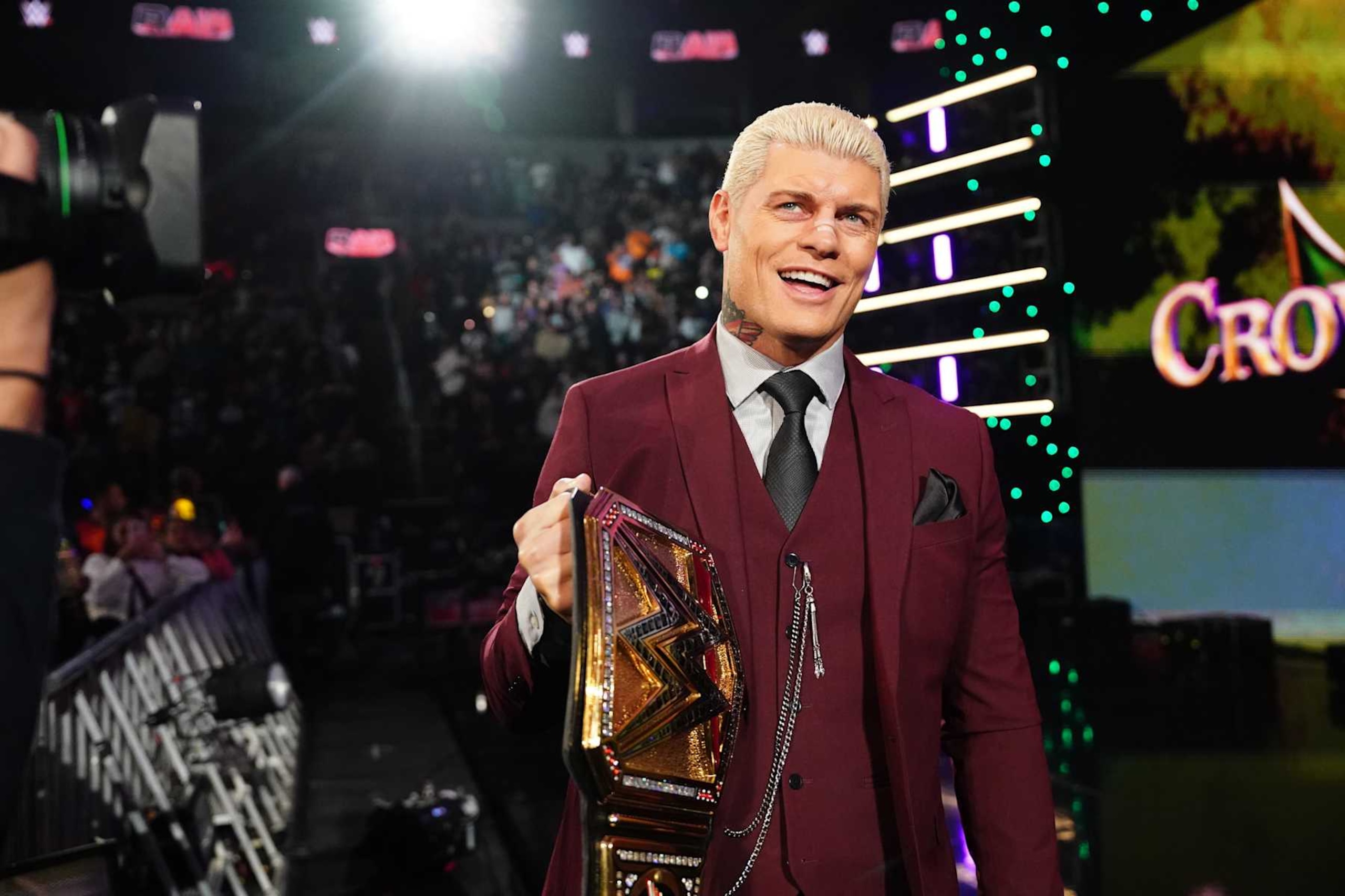 ST LOUIS, MISSOURI - OCTOBER 07: Undisputed Champion Cody Rhodes makes his entrance during Monday Night RAW at Enterprise Center on October 7, 2024 in St Louis, Missouri. (Photo by WWE/Getty Images) ST LOUIS, MISSOURI - OCTOBER 07: Undisputed Champion Cody Rhodes makes his entrance during Monday Night RAW at Enterprise Center on October 7, 2024 in St Louis, Missouri. (Photo by WWE/Getty Images)