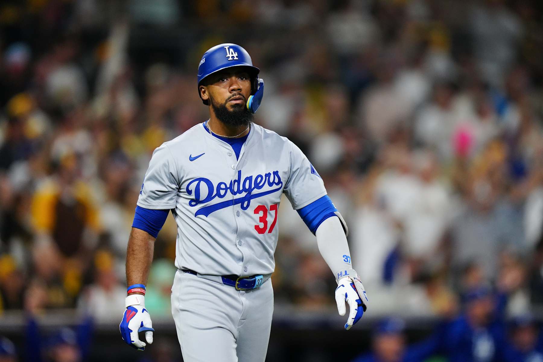 SAN DIEGO, CA - OCTOBER 08: Teoscar Hernández #37 of the Los Angeles Dodgers walks to first base after hitting a grand slam home run in the third inning during Game 3 of the Division Series presented by Booking.com between the Los Angeles Dodgers and the San Diego Padres at Petco Park on Tuesday, October 8, 2024 in San Diego, California. (Photo by Daniel Shirey/MLB Photos via Getty Images)