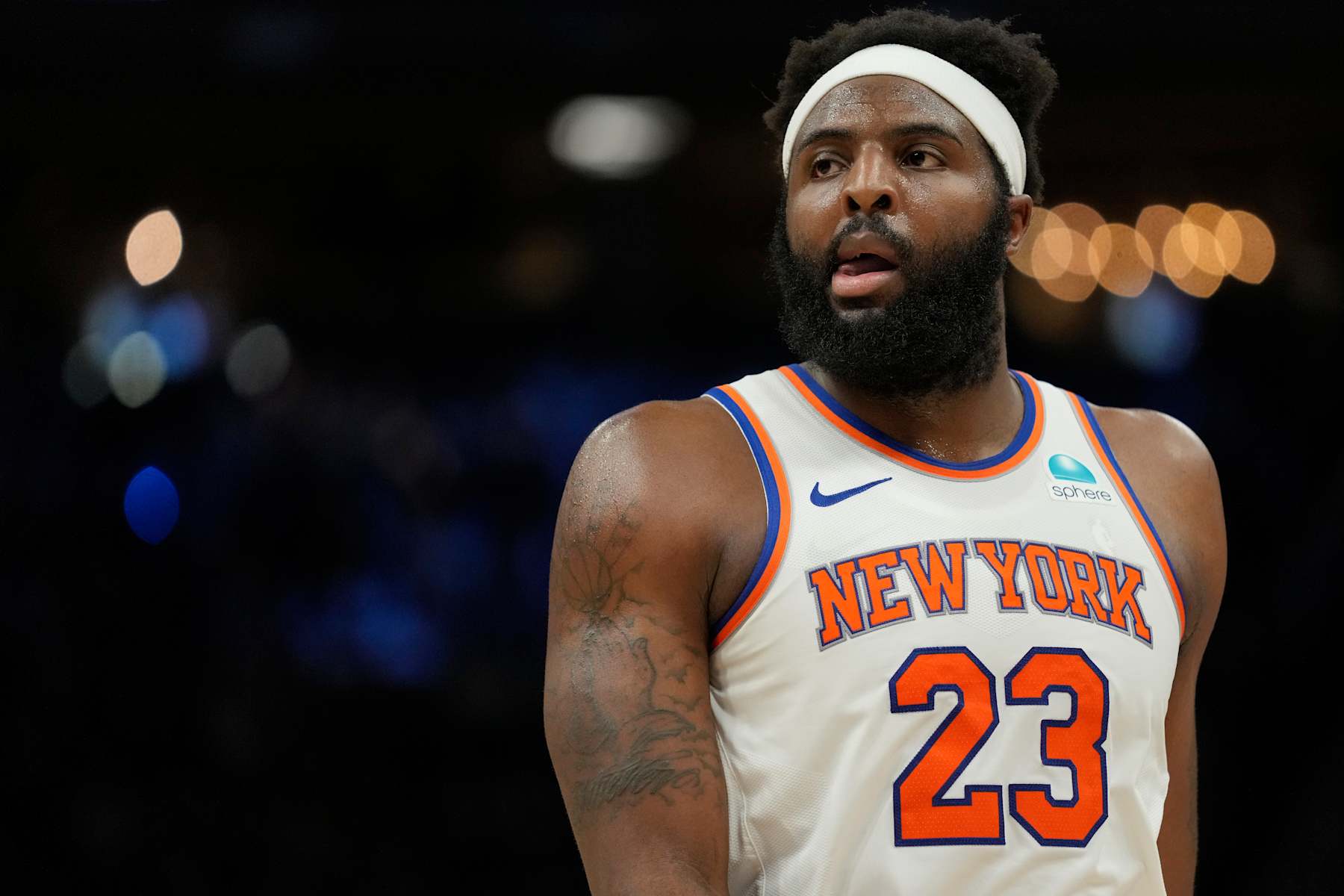 MILWAUKEE, WISCONSIN - APRIL 07: Mitchell Robinson #23 of the New York Knicks looks on during the second half against the Milwaukee Bucks at Fiserv Forum on April 07, 2024 in Milwaukee, Wisconsin. NOTE TO USER: User expressly acknowledges and agrees that, by downloading and or using this photograph, User is consenting to the terms and conditions of the Getty Images License Agreement. (Photo by Patrick McDermott/Getty Images)