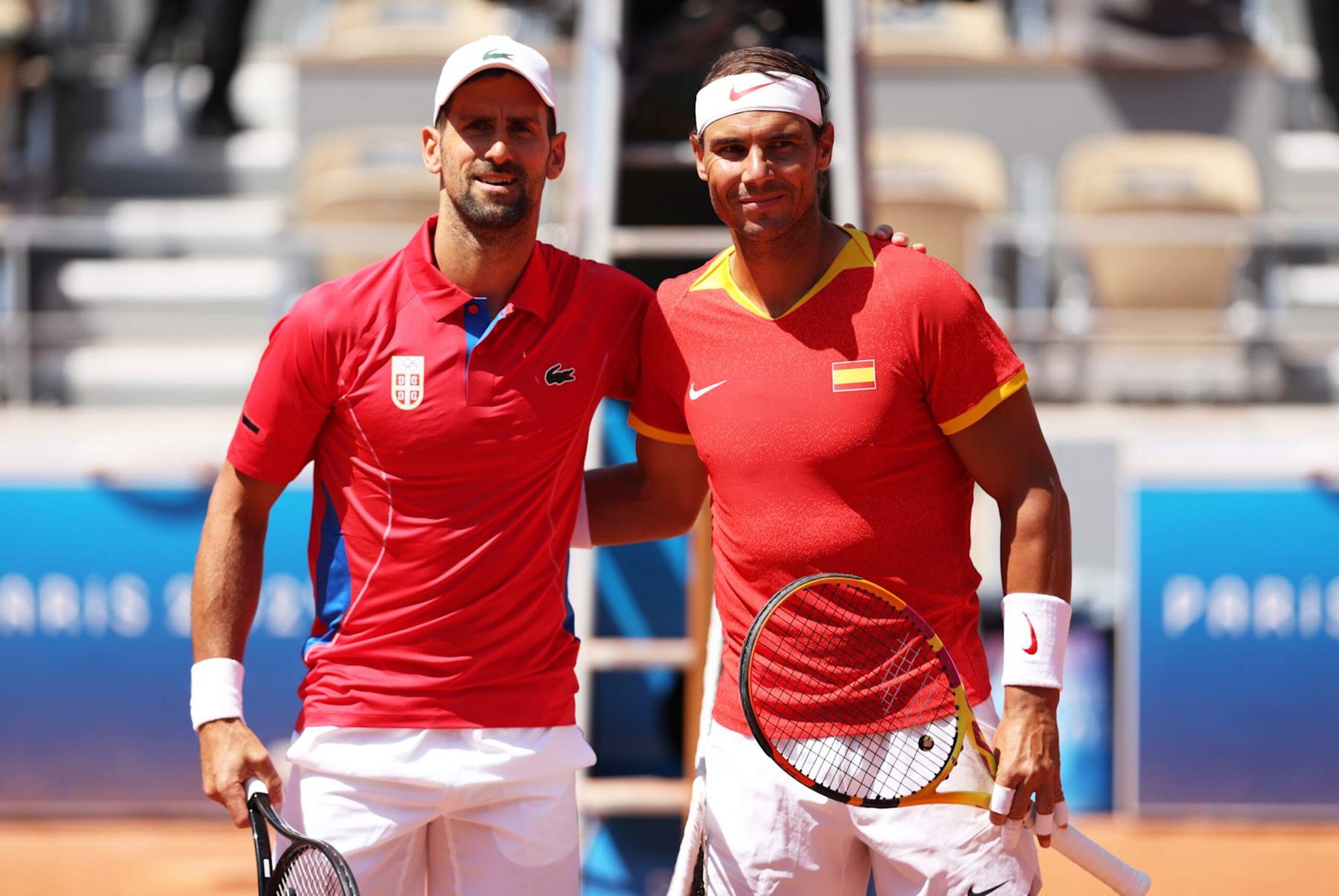 PARIS, FRANCE - JULY 29: Novak Djokovic of Team Serbia (L) and Rafael Nadal of Team Spain pose for a photo ahead of the Men's Singles second round match on day three of the Olympic Games Paris 2024 at Roland Garros on July 29, 2024 in Paris, France. (Photo by Clive Brunskill/Getty Images)