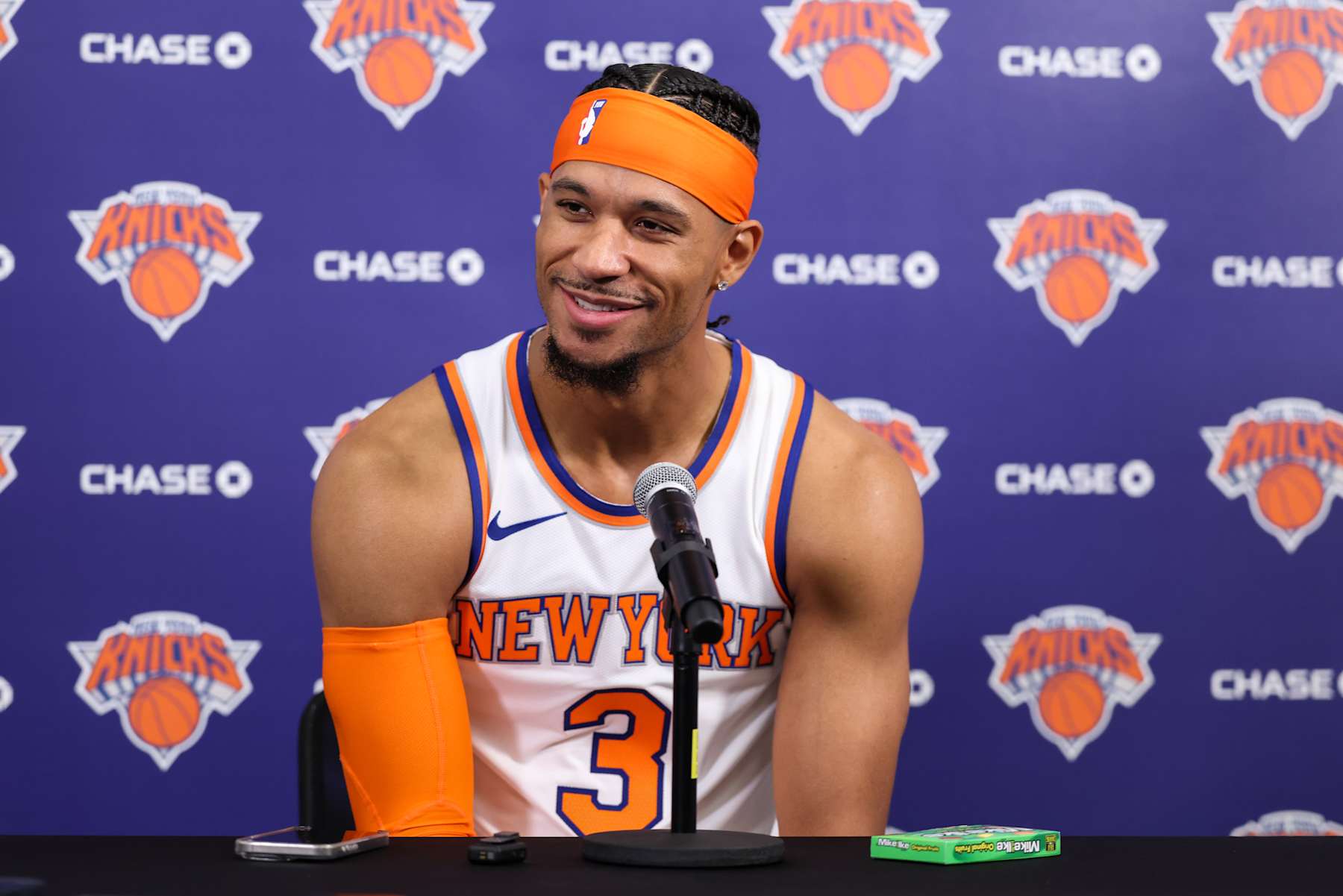 TARRYTOWN, NEW YORK - SEPTEMBER 30: Josh Hart #3 of the New York Knicks speaks at a press conference during media day at Knicks Training Facility on September 30, 2024 in Tarrytown, New York. (Photo by Dustin Satloff/Getty Images)