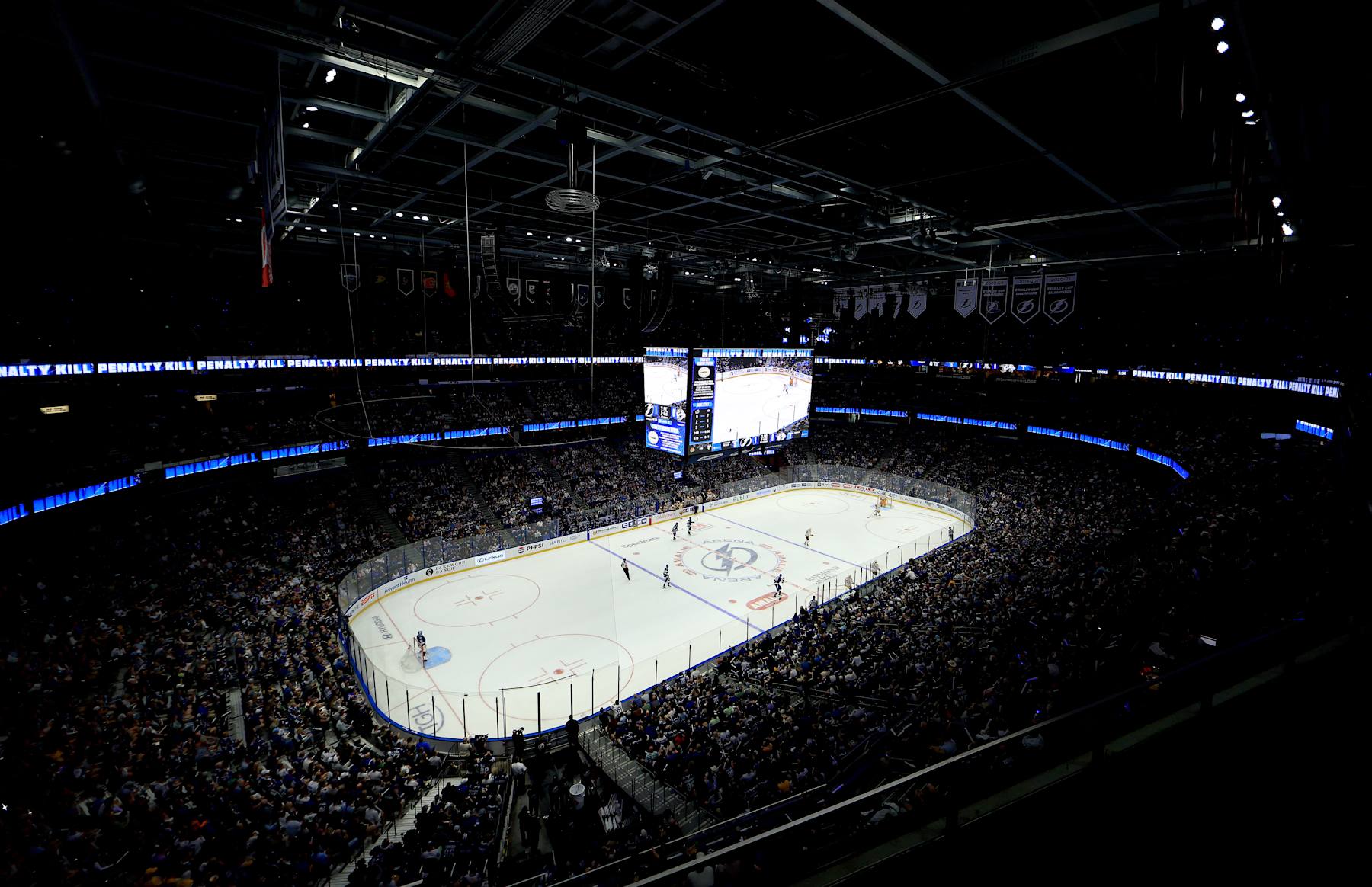 TAMPA, FLORIDA - OCTOBER 10:  A general view of Amalie Arena during the opening night game between the Tampa Bay Lightning and the Nashville Predators at Amalie Arena on October 10, 2023 in Tampa, Florida. (Photo by Mike Ehrmann/Getty Images)