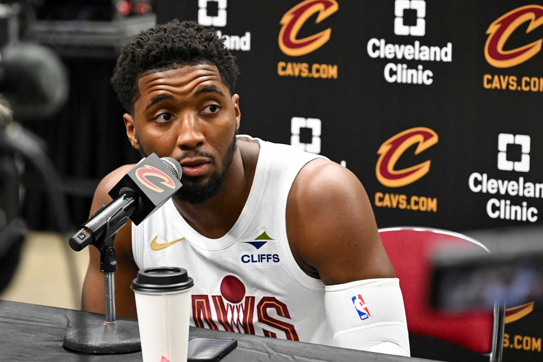 CLEVELAND, OHIO - SEPTEMBER 30: Donovan Mitchell #45 of the Cleveland Cavaliers speaks to the media during Cleveland Cavaliers Media Day at Rocket Mortgage Fieldhouse on September 30, 2024 in Cleveland, Ohio. NOTE TO USER: User expressly acknowledges and agrees that, by downloading and or using this photograph, User is consenting to the terms and conditions of the Getty Images License Agreement. (Photo by Nick Cammett/Getty Images)