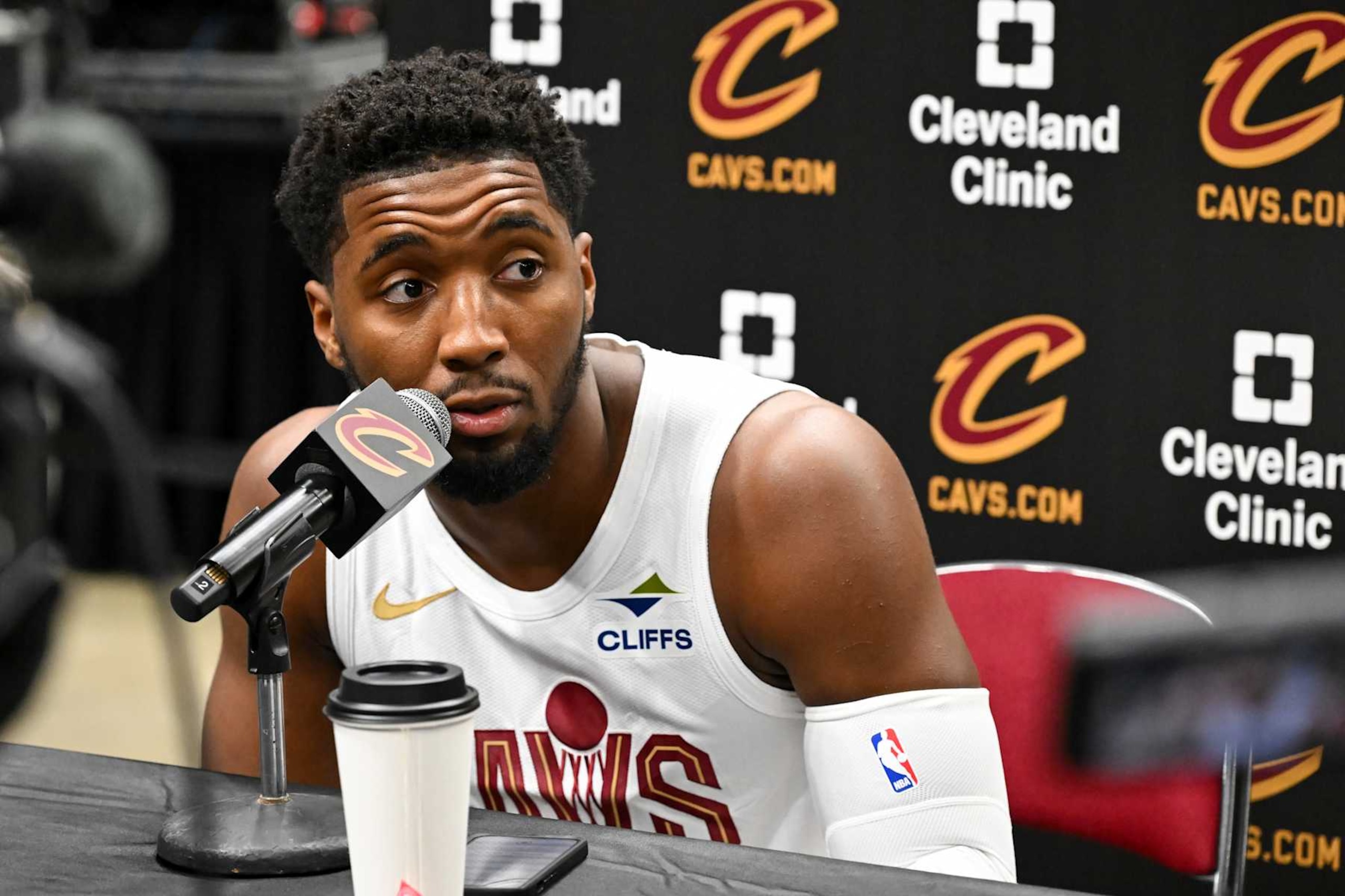 CLEVELAND, OHIO - SEPTEMBER 30: Donovan Mitchell #45 of the Cleveland Cavaliers speaks to the media during Cleveland Cavaliers Media Day at Rocket Mortgage Fieldhouse on September 30, 2024 in Cleveland, Ohio. NOTE TO USER: User expressly acknowledges and agrees that, by downloading and or using this photograph, User is consenting to the terms and conditions of the Getty Images License Agreement. (Photo by Nick Cammett/Getty Images)