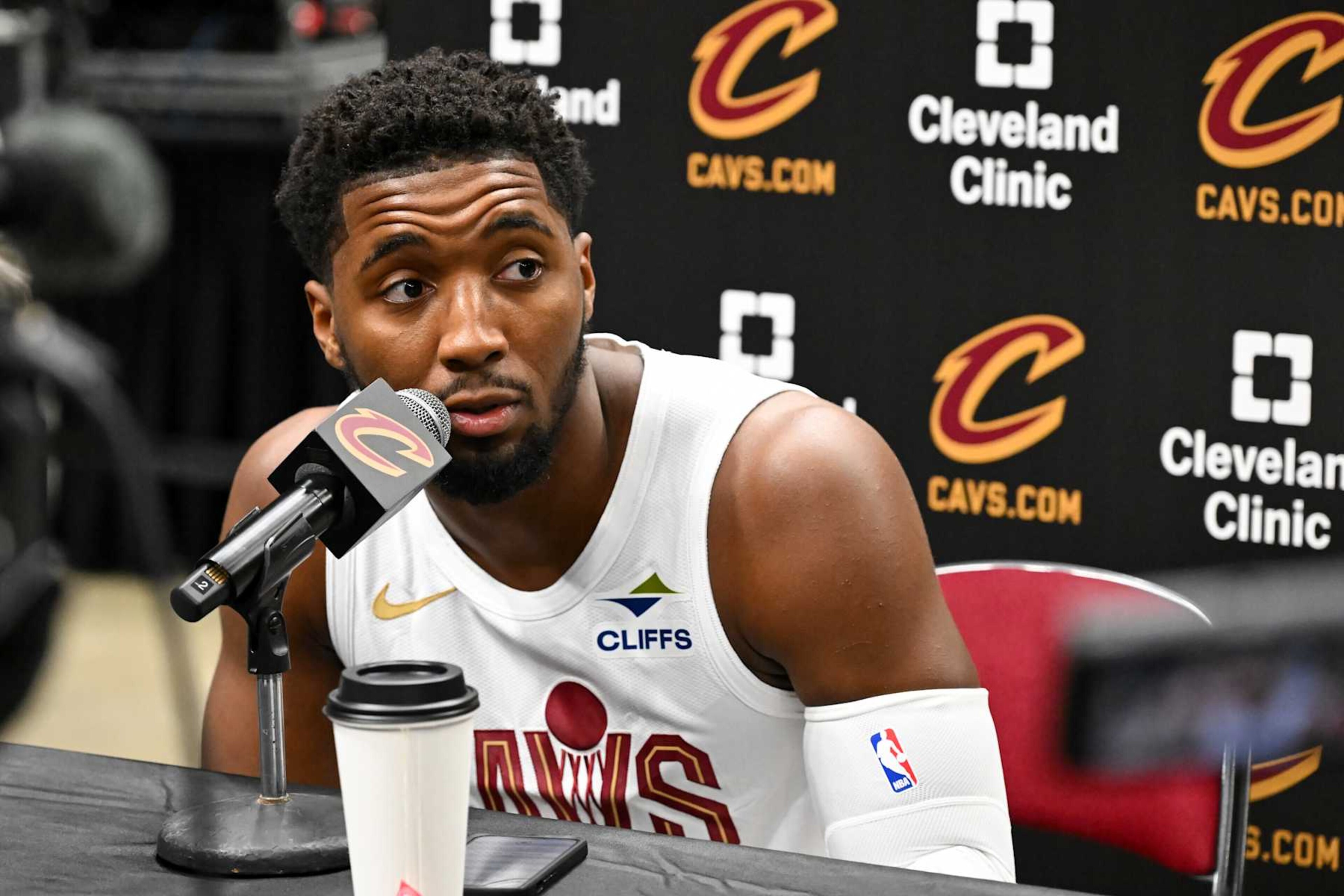 CLEVELAND, OHIO - SEPTEMBER 30: Donovan Mitchell #45 of the Cleveland Cavaliers speaks to the media during Cleveland Cavaliers Media Day at Rocket Mortgage Fieldhouse on September 30, 2024 in Cleveland, Ohio. NOTE TO USER: User expressly acknowledges and agrees that, by downloading and or using this photograph, User is consenting to the terms and conditions of the Getty Images License Agreement. (Photo by Nick Cammett/Getty Images)