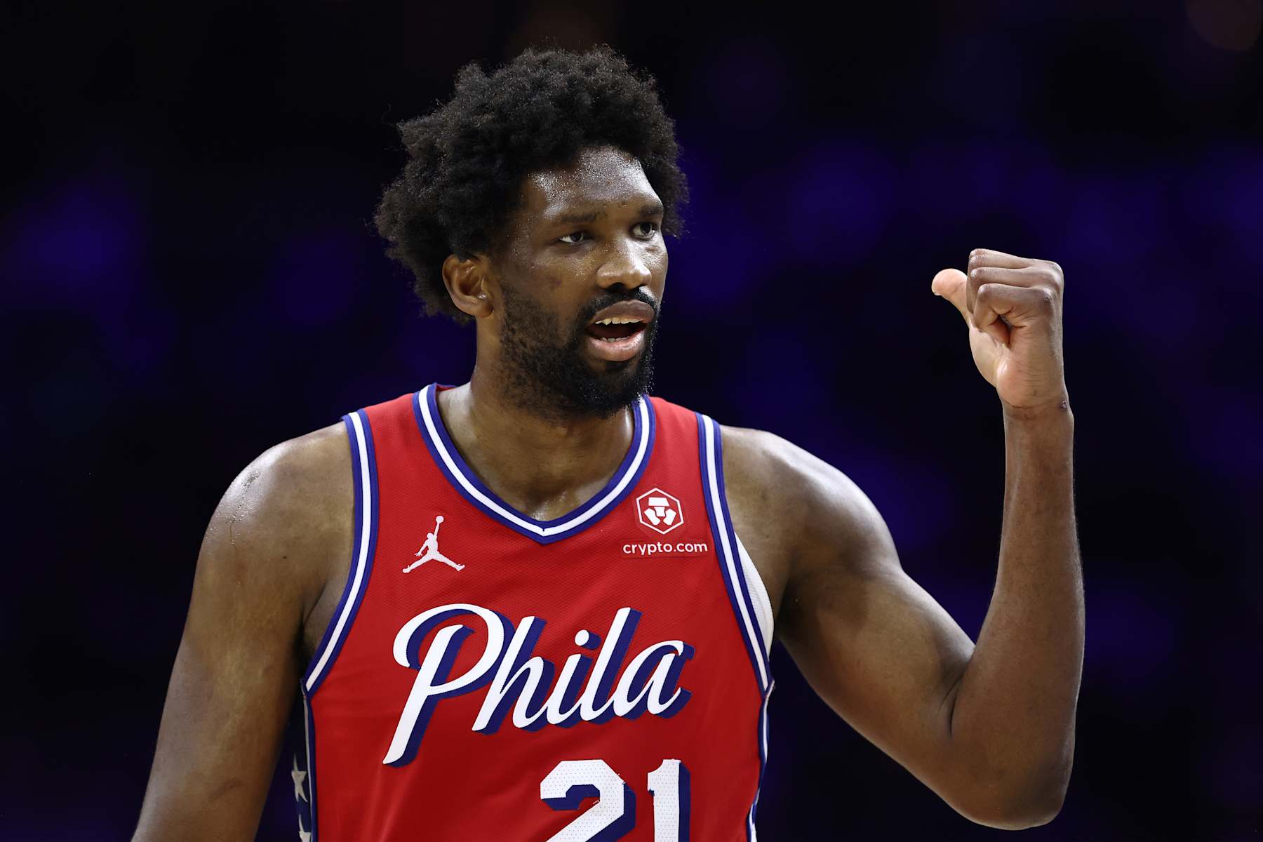 PHILADELPHIA, PENNSYLVANIA - APRIL 28: Joel Embiid #21 of the Philadelphia 76ers reacts during the fourth quarter against the New York Knicks during game four of the Eastern Conference First Round Playoffs at the Wells Fargo Center on April 28, 2024 in Philadelphia, Pennsylvania. NOTE TO USER: User expressly acknowledges and agrees that, by downloading and/or using this Photograph, user is consenting to the terms and conditions of the Getty Images License Agreement. (Photo by Tim Nwachukwu/Getty Images)