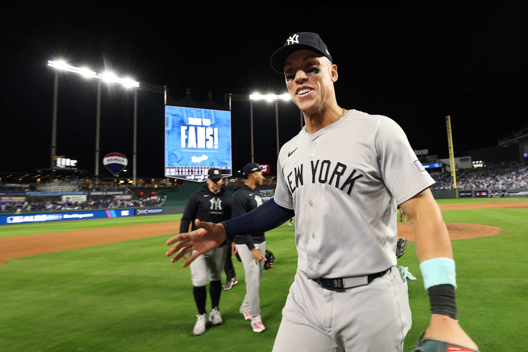 KANSAS CITY, MISSOURI - OCTOBER 10: Aaron Judge #99 of the New York Yankees celebrates after a win over the Kansas City Royals during Game Four of the Division Series at Kauffman Stadium on October 10, 2024 in Kansas City, Missouri. (Photo by Jamie Squire/Getty Images)