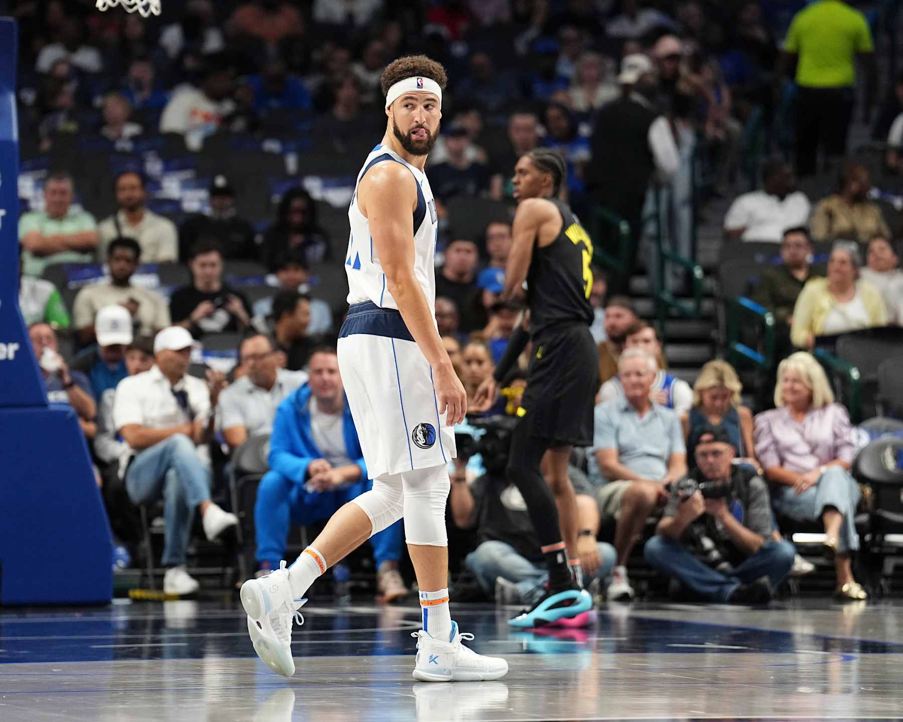 DALLAS, TX - OCTOBER 10: Klay Thompson #31 of the Dallas Mavericks looks on during the game against the Utah Jazz on October 10, 2024 at American Airlines Center in Dallas, Texas. NOTE TO USER: User expressly acknowledges and agrees that, by downloading and or using this photograph, User is consenting to the terms and conditions of the Getty Images License Agreement. Mandatory Copyright Notice: Copyright 2024 NBAE (Photo by Glenn James/NBAE via Getty Images)