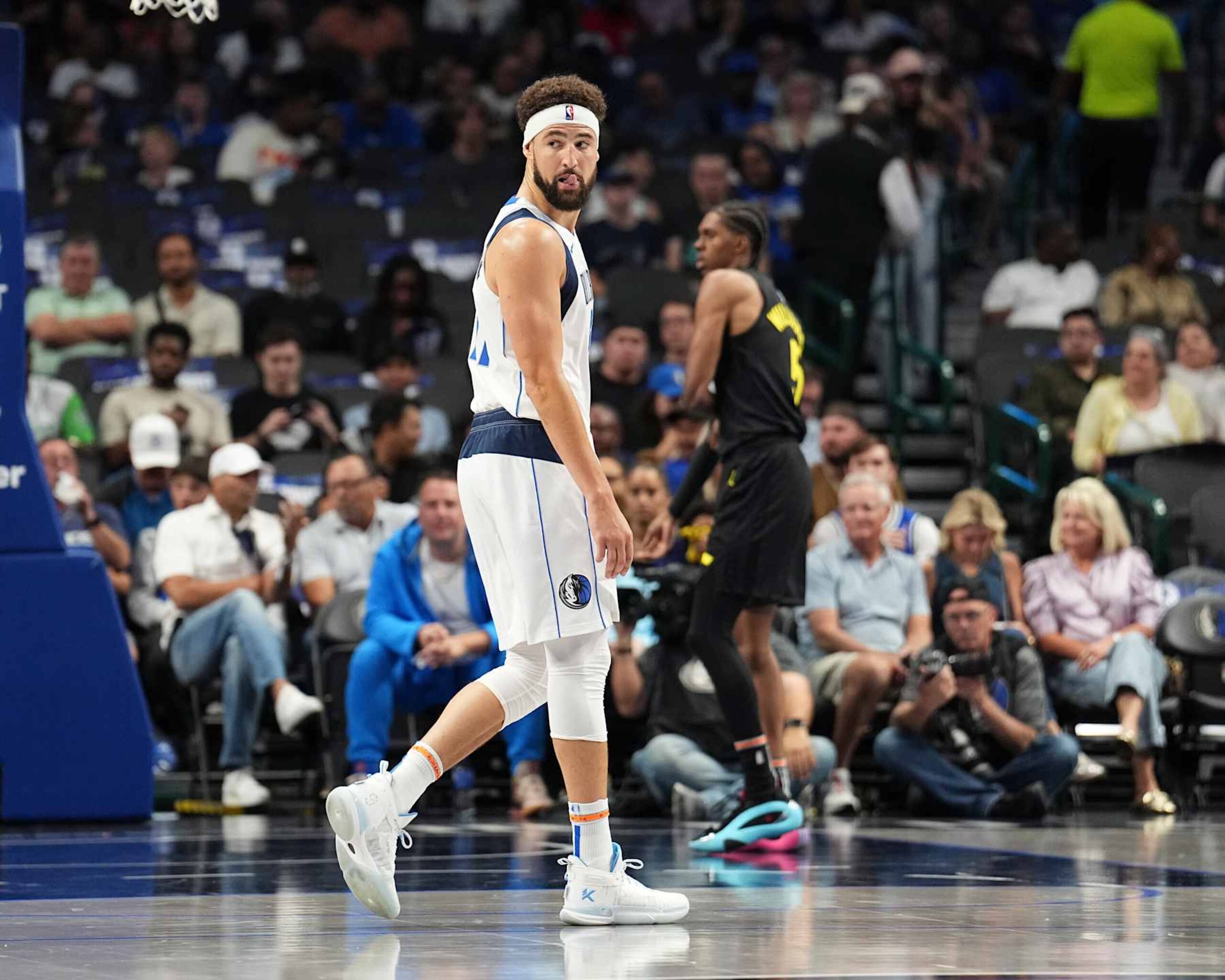 DALLAS, TX - OCTOBER 10: Klay Thompson #31 of the Dallas Mavericks looks on during the game against the Utah Jazz on October 10, 2024 at American Airlines Center in Dallas, Texas. NOTE TO USER: User expressly acknowledges and agrees that, by downloading and or using this photograph, User is consenting to the terms and conditions of the Getty Images License Agreement. Mandatory Copyright Notice: Copyright 2024 NBAE (Photo by Glenn James/NBAE via Getty Images) DALLAS, TX - OCTOBER 10: Klay Thompson #31 of the Dallas Mavericks looks on during the game against the Utah Jazz on October 10, 2024 at American Airlines Center in Dallas, Texas. NOTE TO USER: User expressly acknowledges and agrees that, by downloading and or using this photograph, User is consenting to the terms and conditions of the Getty Images License Agreement. Mandatory Copyright Notice: Copyright 2024 NBAE (Photo by Glenn James/NBAE via Getty Images)