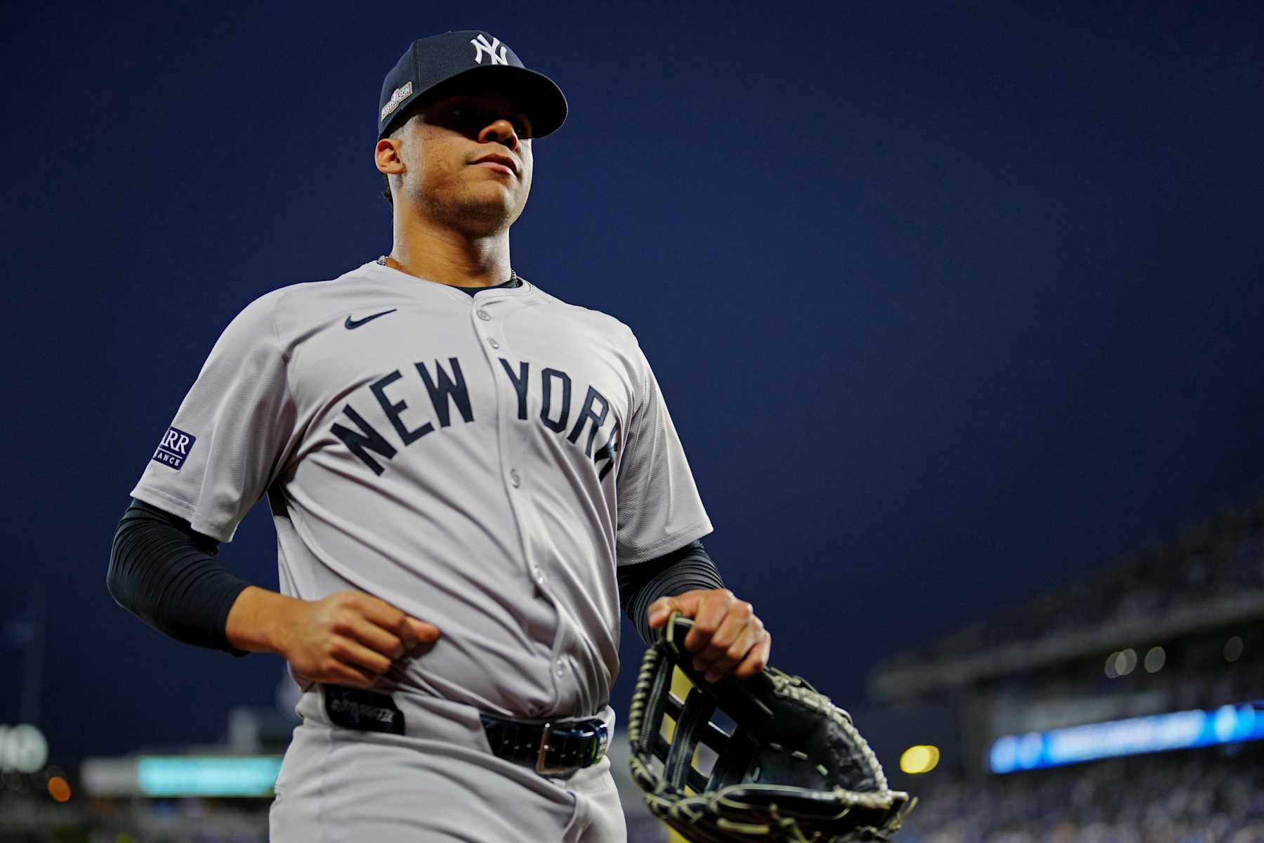 KANSAS CITY, MO - OCTOBER 10:  Juan Soto #22 of the New York Yankees looks on prior to Game 4 of the Division Series presented by Booking.com between the New York Yankees and the Kansas City Royals at Kauffman Stadium on Thursday, October 10, 2024 in Kansas City, Missouri. (Photo by Mary DeCicco/MLB Photos via Getty Images)