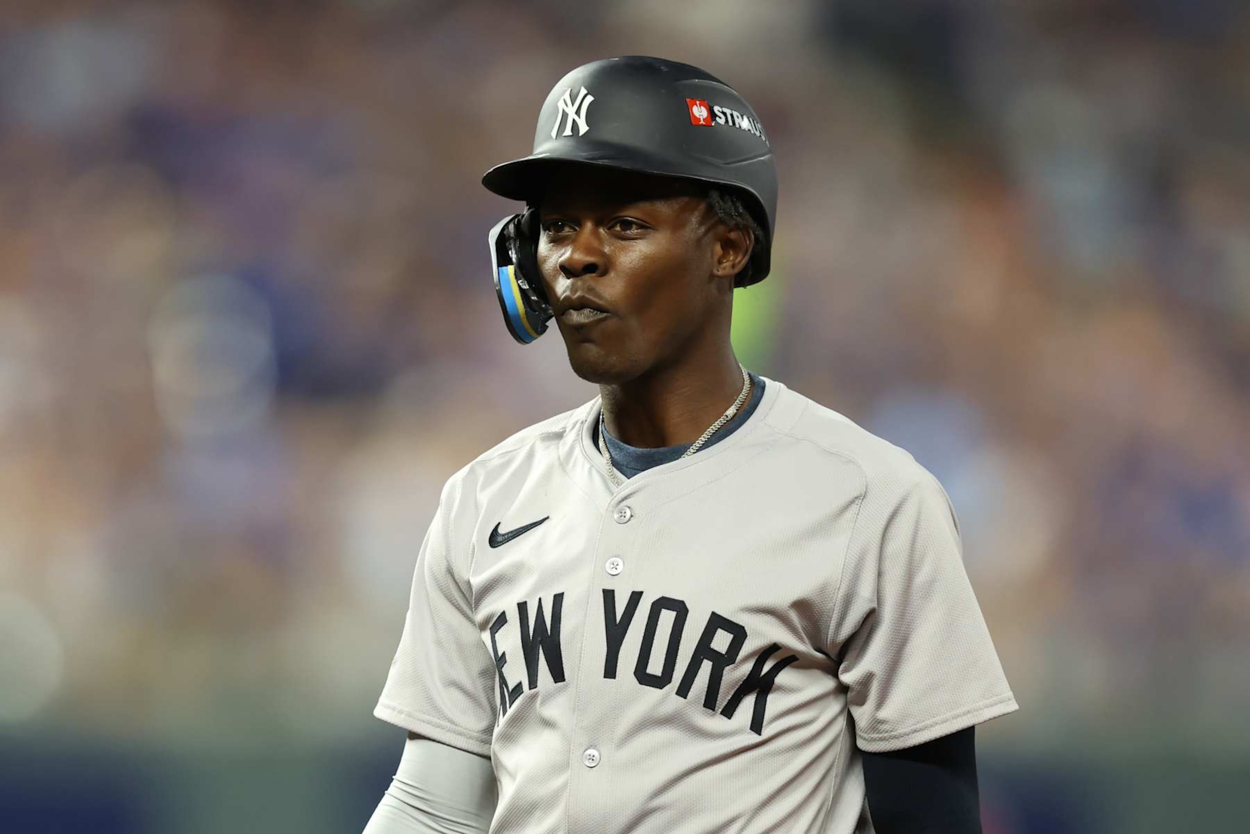 KANSAS CITY, MO - OCTOBER 10: New York Yankees third base Jazz Chisholm Jr. (13) after getting doubled off first base in the sixth inning of game 4 of the ALDS between the New York Yankees and Kansas City Royals on October 10, 2024 at Kauffman Stadium in Kansas City, MO. (Photo by Scott Winters/Icon Sportswire via Getty Images)