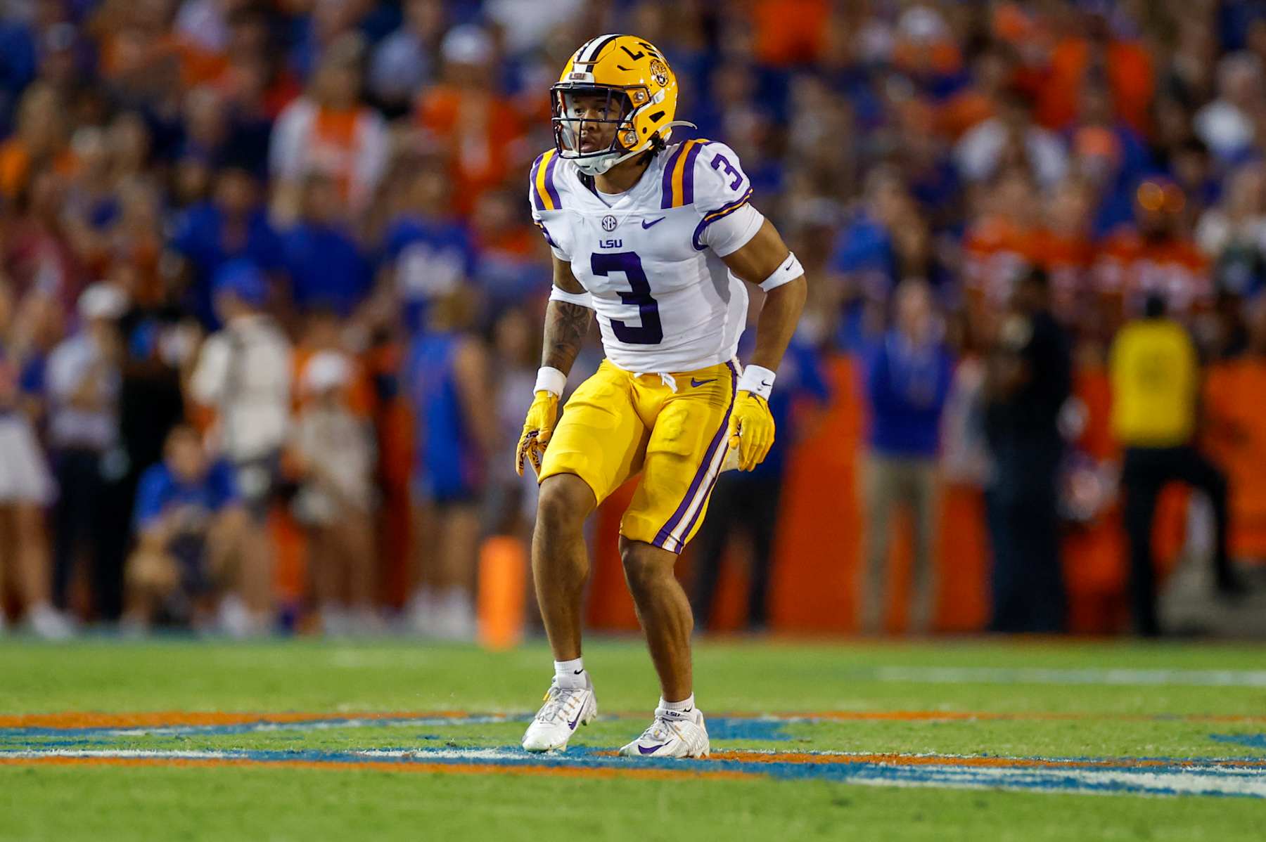 GAINESVILLE, FL - OCTOBER 15: LSU Tigers safety Greg Brooks Jr. (3) during the game between the LSU Tigers and the Florida Gators on October 15, 2022 at Ben Hill Griffin Stadium at Florida Field in Gainesville, Fl. (Photo by David Rosenblum/Icon Sportswire via Getty Images)