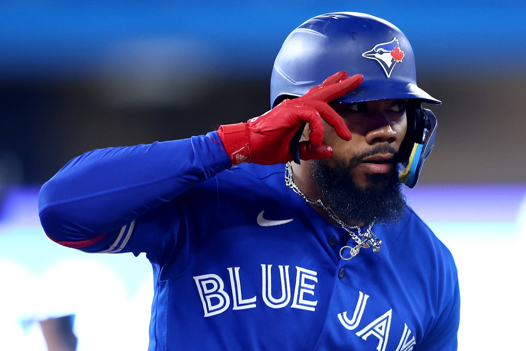 TORONTO, ONTARIO - OCTOBER 08: Teoscar Hernandez #37 of the Toronto Blue Jays celebrates after hitting a two run home run to left field against Robbie Ray #38 of the Seattle Mariners during the second inning in game two of the American League Wild Card Series at Rogers Centre on October 08, 2022 in Toronto, Ontario. (Photo by Vaughn Ridley/Getty Images)