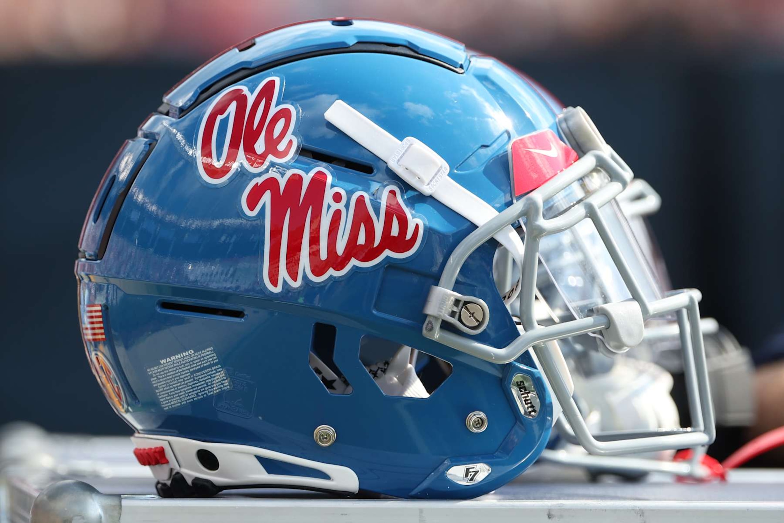 COLUMBIA, SC - OCTOBER 05: an Mississippi Rebels helmet rests near the sidelines before the game between the Ole Miss Rebels and the South Carolina Gamecocks on Saturday, October 5, 2024 at Williams-Brice Stadium in Columbia, SC (Photo by Peter Joneleit/Icon Sportswire via Getty Images)