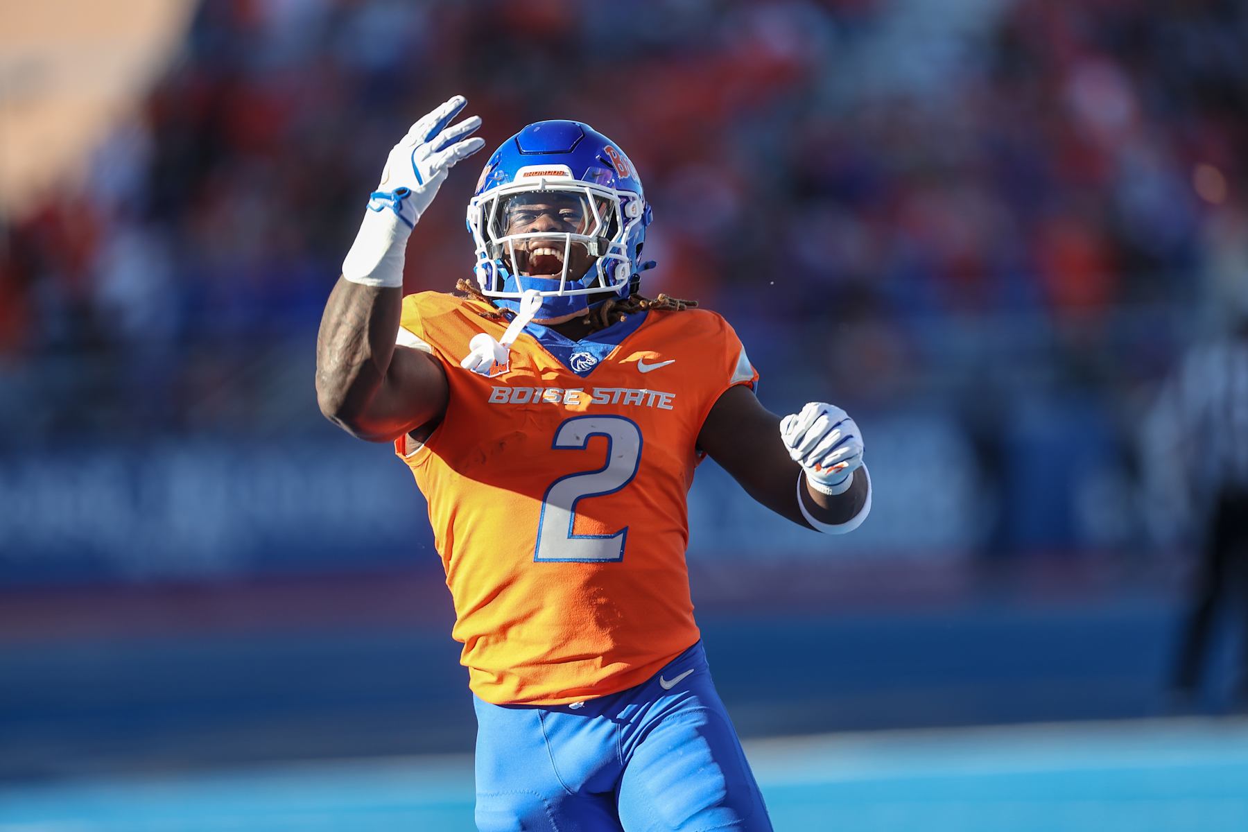 BOISE, ID - OCTOBER 5: Running back Ashton Jeanty #2 of the Boise State Broncos hypes the crowd during the first half against the Utah State Aggies at Albertsons Stadium on October 5, 2024 in Boise, Idaho. (Photo by Loren Orr/Getty Images)