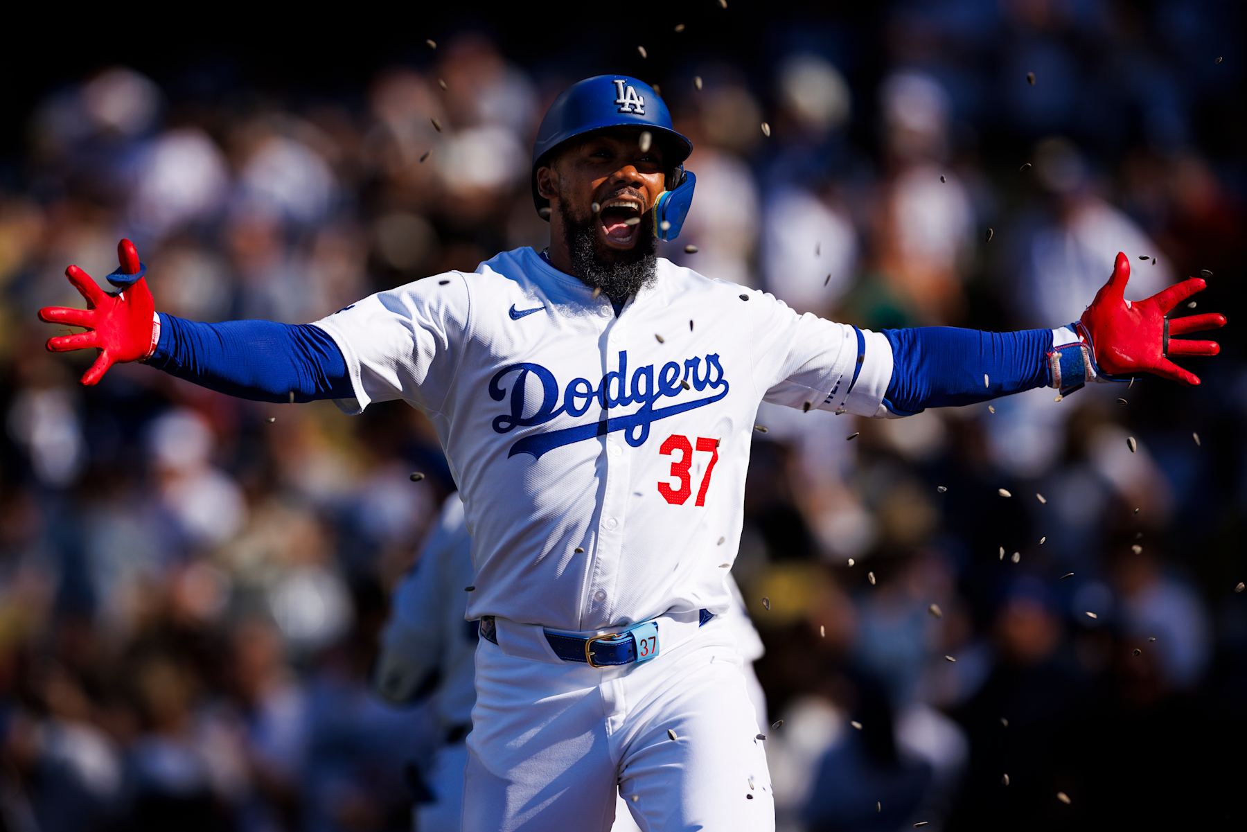 LOS ANGELES, CA - JULY 21: Los Angeles Dodgers outfielder Teoscar Hernández (37) celebrates his home run during an MLB baseball game against the Boston Red Sox and the Los Angeles Dodgers on July 21, 2024 at Dodger Stadium in Los Angeles, CA.(Photo by Ric Tapia/Icon Sportswire via Getty Images)