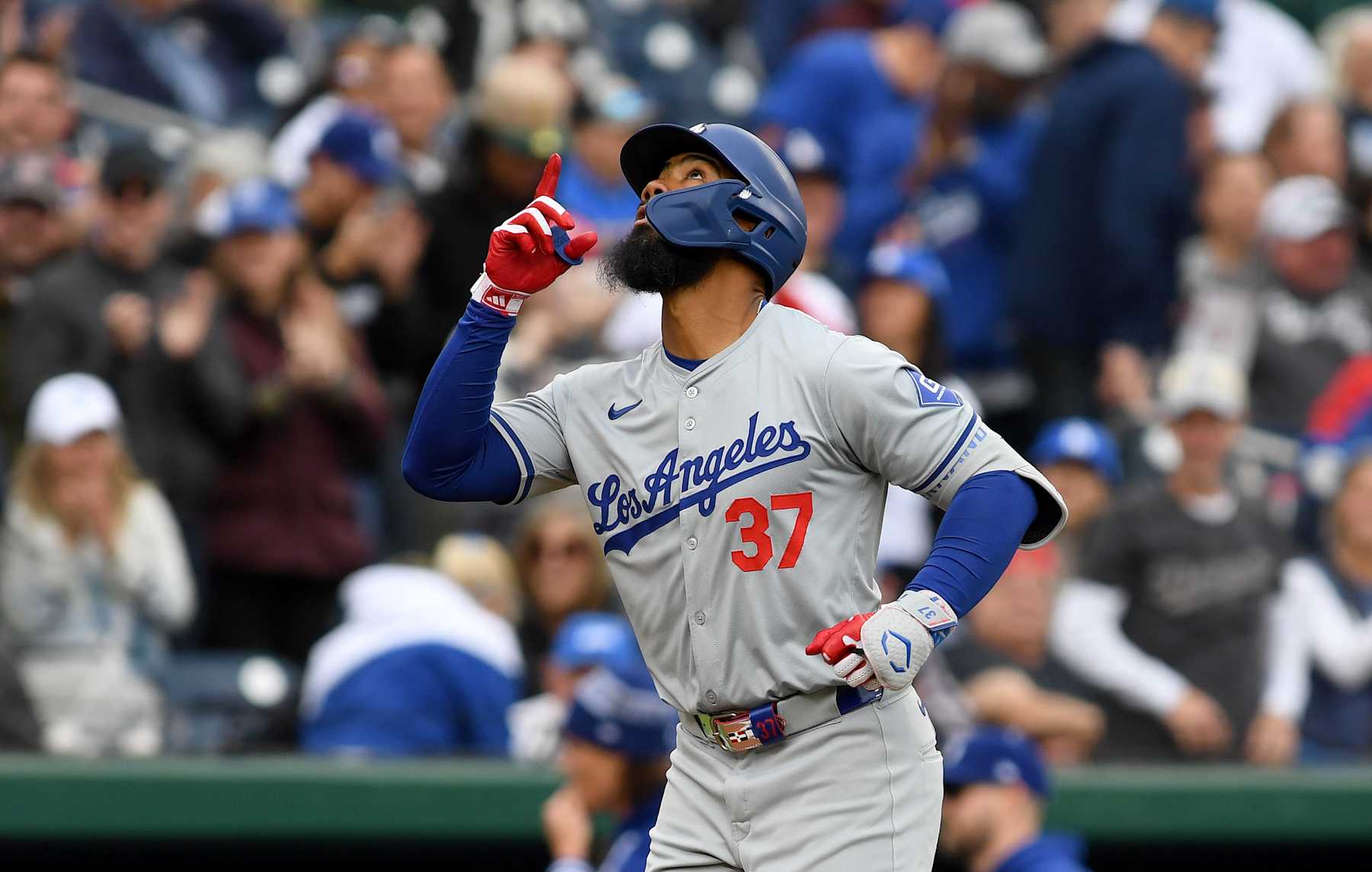 WASHINGTON, DC - APRIL 25: Los Angeles Dodgers right fielder Teoscar Hernandez (37) celebrates after a home run during the Los Angeles Dodgers versus Washington Nationals Major League Baseball (MLB) game at Nationals Park on April 25, 2024 in Washington, D.C.. (Photo by Randy Litzinger/Icon Sportswire via Getty Images)