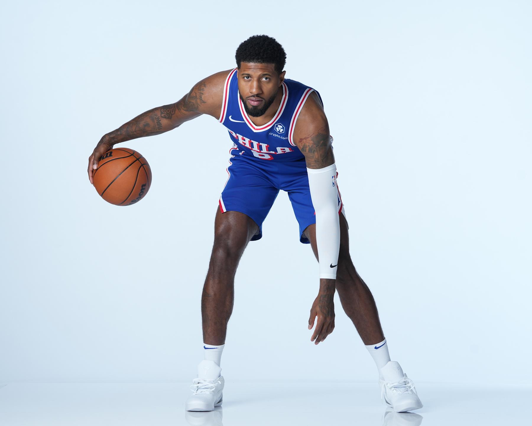 CAMDEN, NJ - SEPTEMBER 30: Paul George #8 of the Philadelphia 76ers poses for a portrait during NBA Media Day on September 30, 2024 at the Philadelphia 76ers Training Complex in Camden, New Jersey. NOTE TO USER: User expressly acknowledges and agrees that, by downloading and or using this photograph, User is consenting to the terms and conditions of the Getty Images License Agreement. Mandatory Copyright Notice: Copyright 2024 NBAE (Photo by Jesse D. Garrabrant/NBAE via Getty Images)
