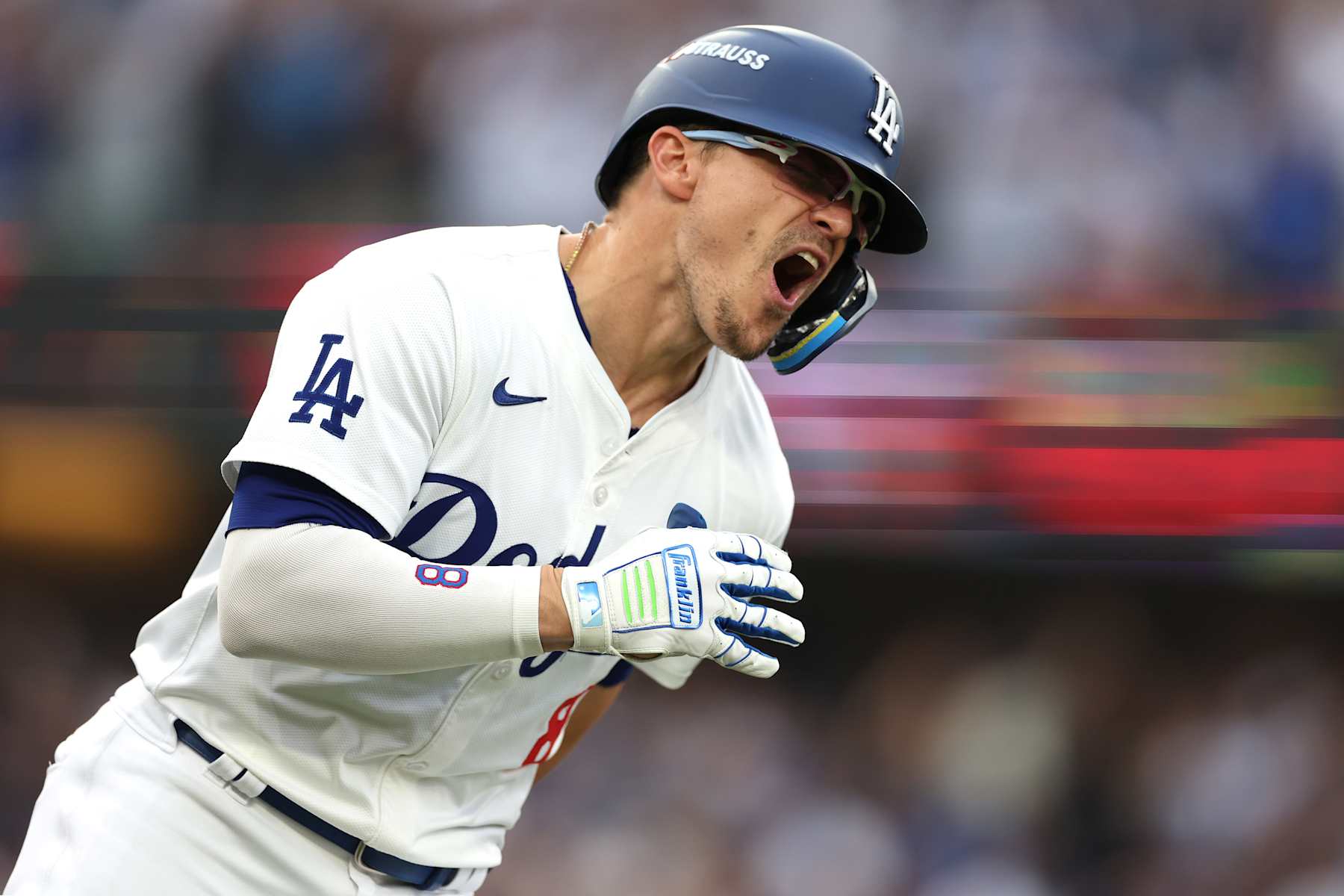 LOS ANGELES, CALIFORNIA - OCTOBER 11: Enrique Hernández #8 of the Los Angeles Dodgers celebrates after his solo home run against the San Diego Padres during the second inning of Game Five of the Division Series at Dodger Stadium on October 11, 2024 in Los Angeles, California. (Photo by Sean M. Haffey/Getty Images)
