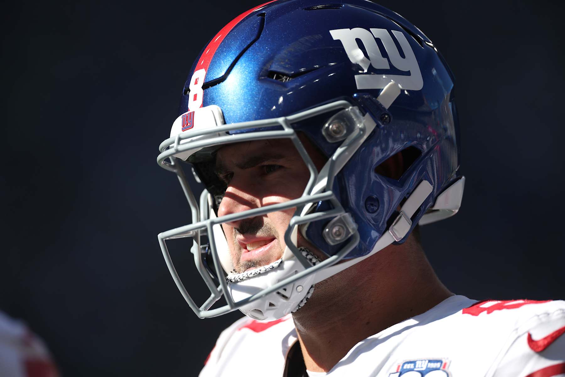 SEATTLE, WASHINGTON - OCTOBER 06: Daniel Jones #8 of the New York Giants looks on during the first quarter against the Seattle Seahawks at Lumen Field on October 06, 2024 in Seattle, Washington. (Photo by Steph Chambers/Getty Images)